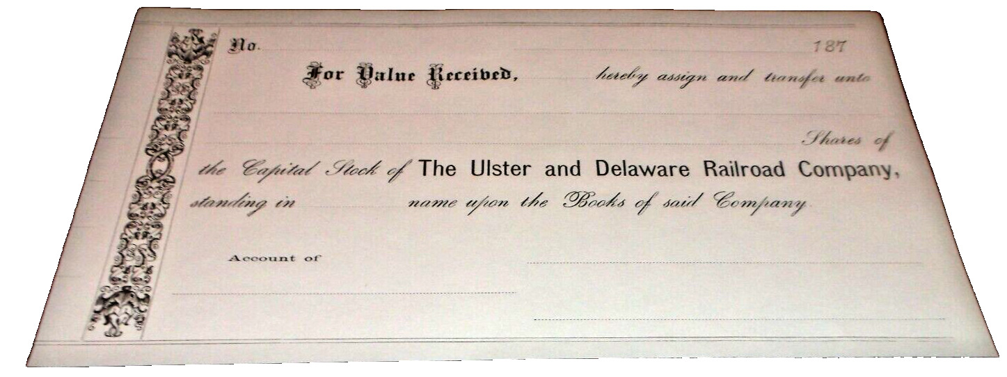 1870\'s ULSTER AND DELAWARE RAILROAD NYC UNUSED STOCK SUBSCRIPTION RECEIPT