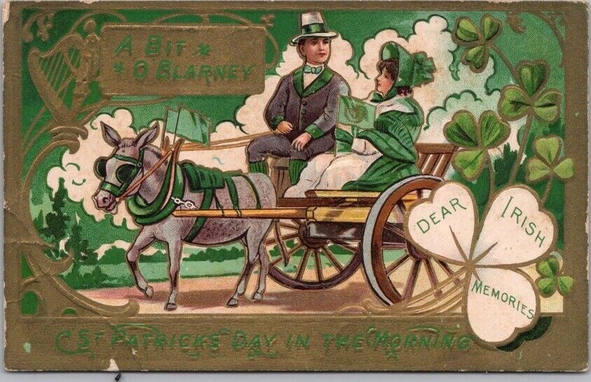 c1910s ST. PATRICK'S DAY IN THE MORNING Postcard Couple / Jaunting Car - UNUSED