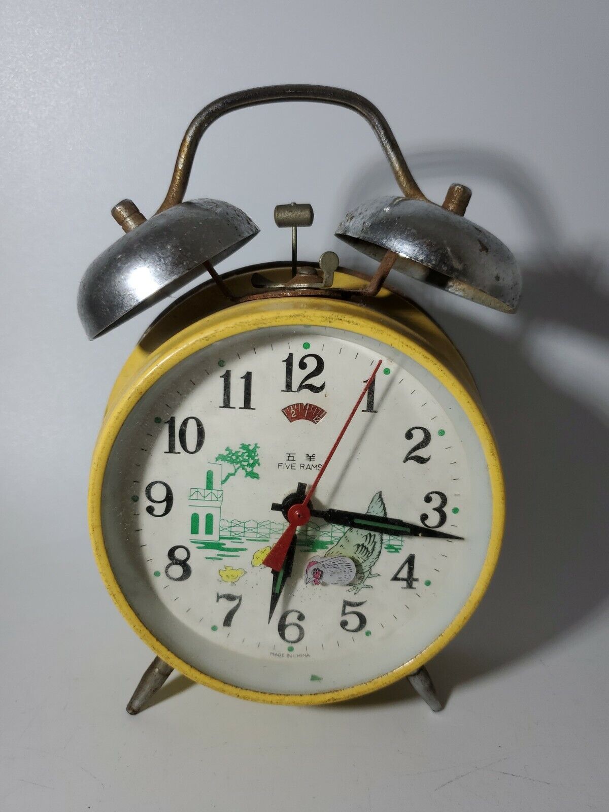 Vintage Five Rams Yellow Alarm Clock w/ Twin Bells UNTESTED 