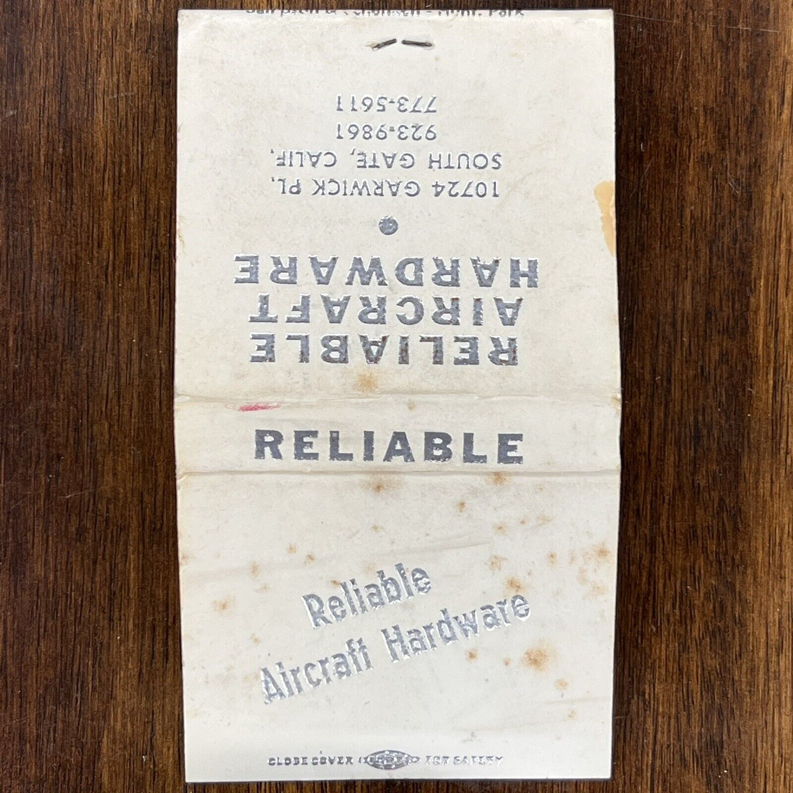 Vintage Matchbook Reliable Aircraft Hardware South Gate CA Matches Unstruck