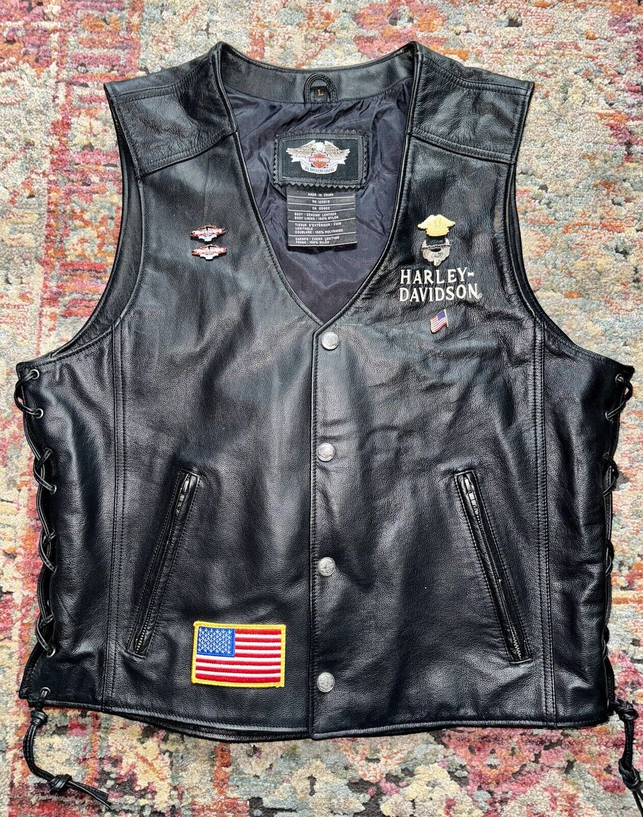 Harley-Davidson “Ride Free” Flames On Back  Men’s Black Leather Vest Size Large