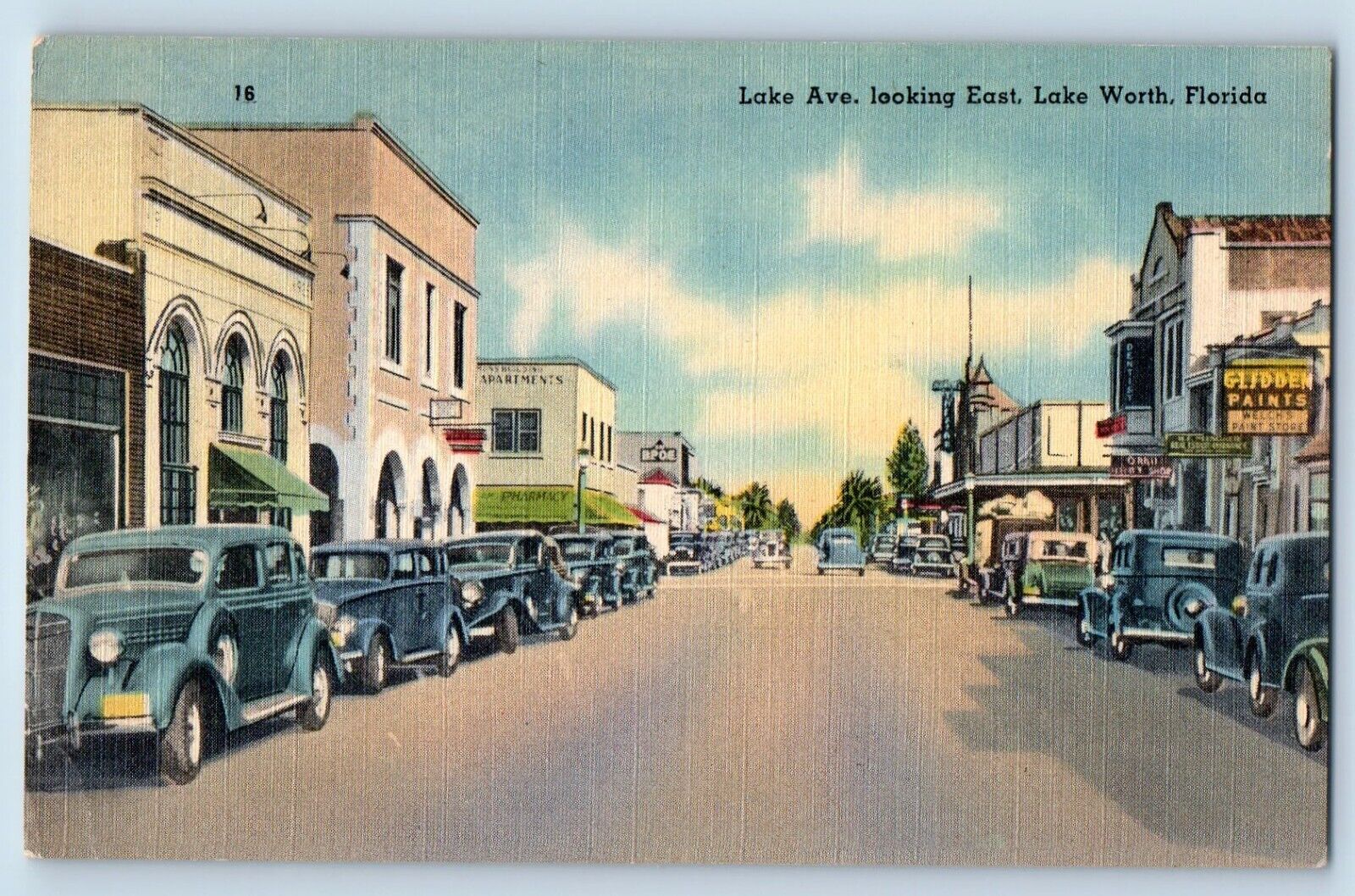 Lake Worth Florida Postcard Lake Ave. Looking East Classic Cars Exterior c1940