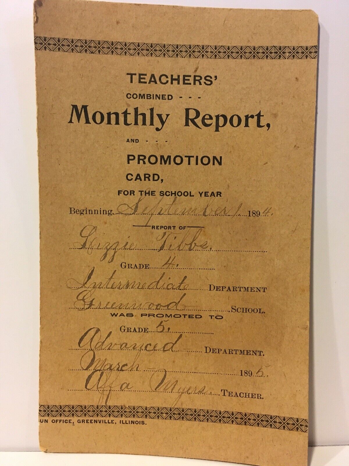 Antique Teachers Monthly Report Promotion Card 1894-1895, Greenville Illinois