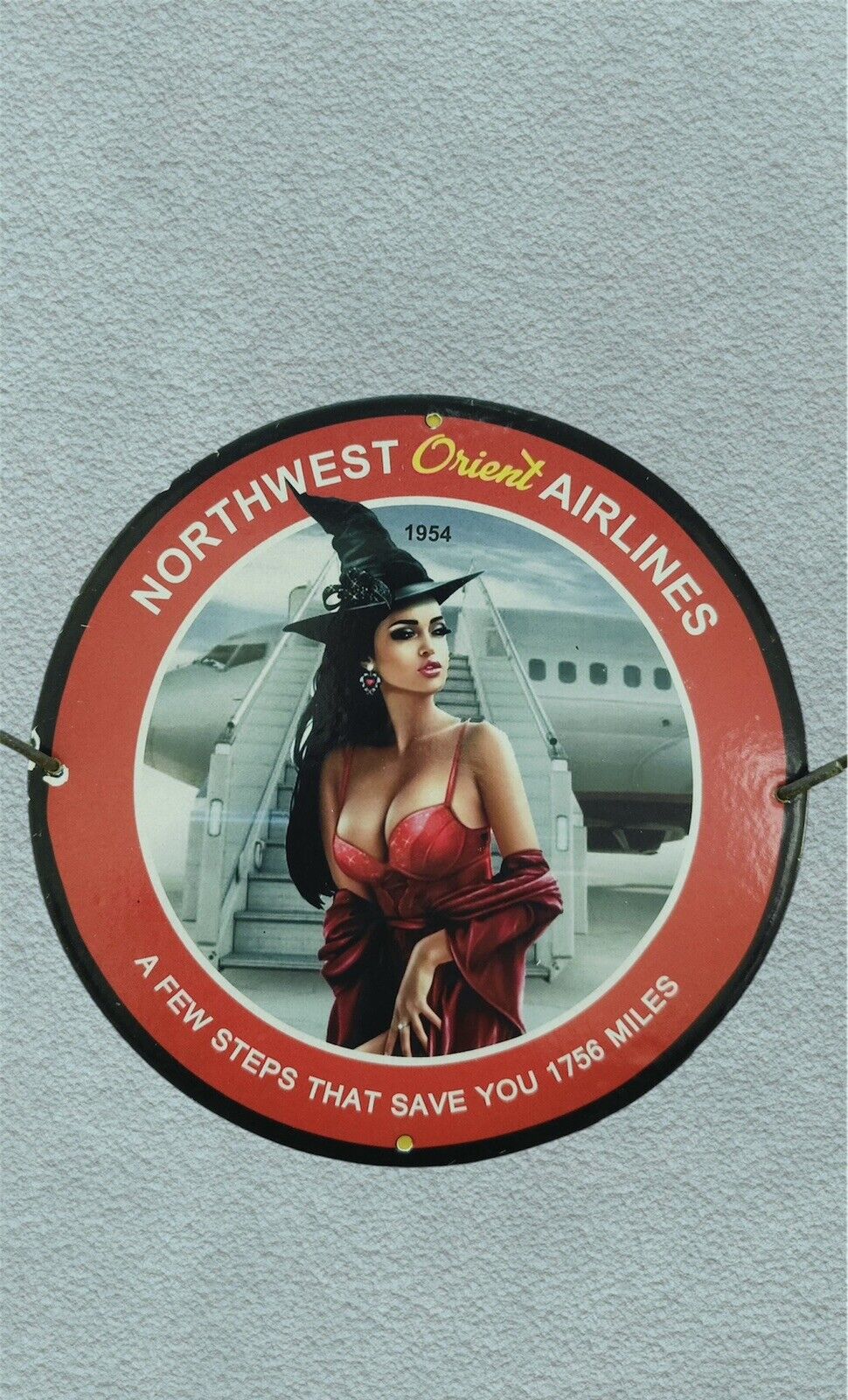 RARE NORTHWEST ORIENT AIRLINES PINUP BABE PORCELAIN GAS OIL AVIATION PUMP SIGN