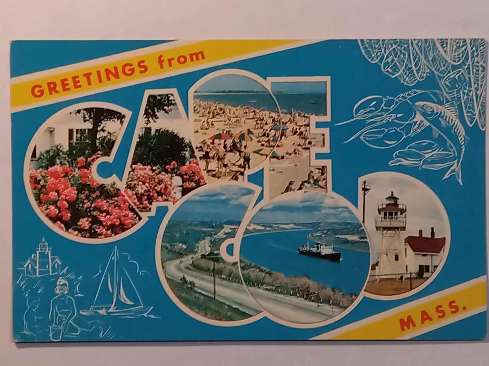 Greetings From Cape cod Massachusetts Ship Lighthouse Beach Flowers Postcard