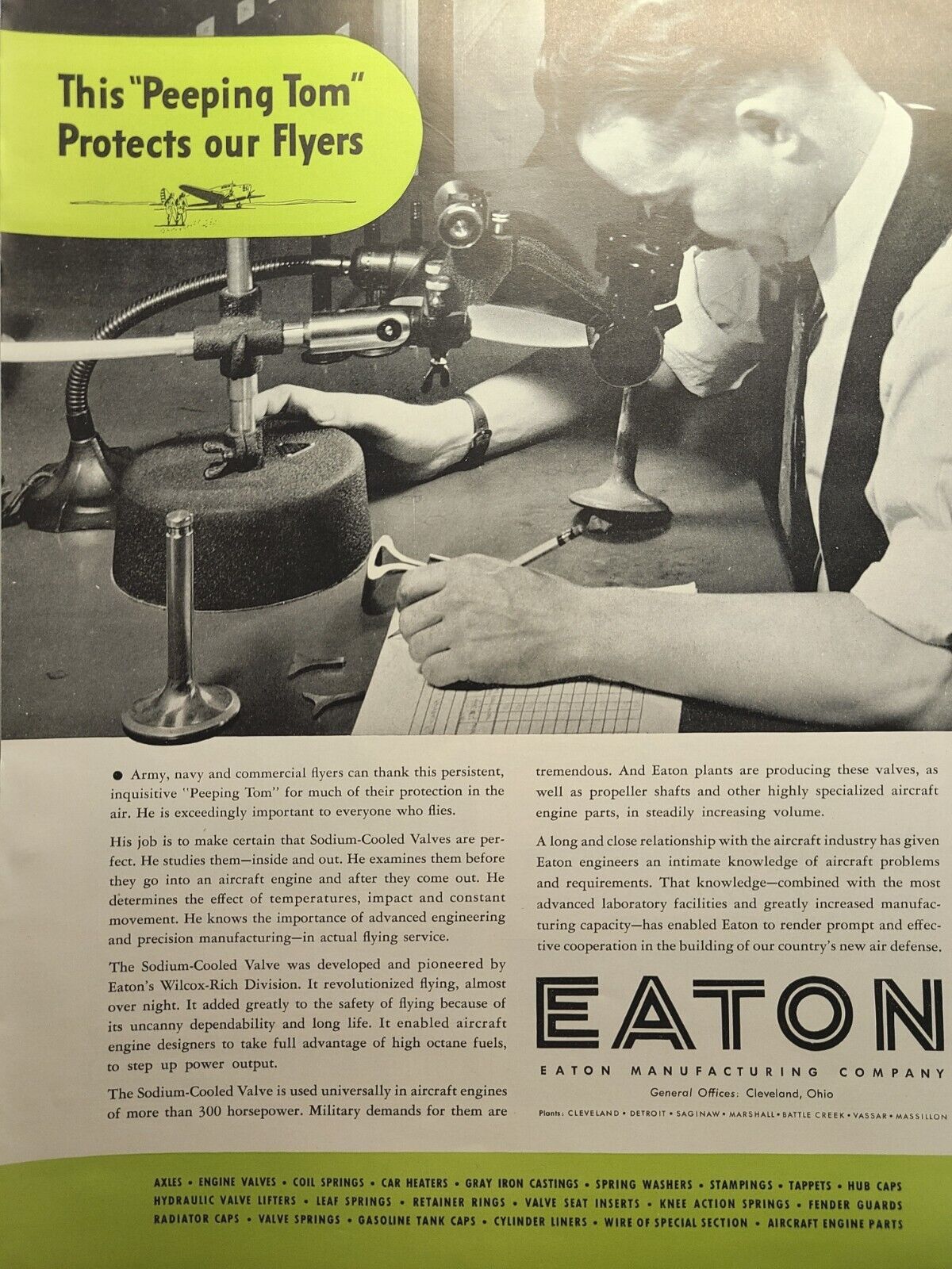 Eaton Wilcox-Rich Sodium Cooled Valve Aircraft Engine Vintage Print Ad 1941