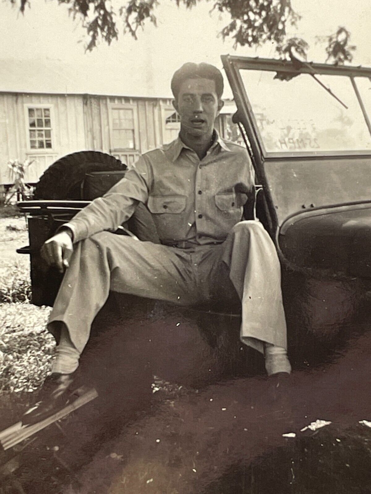 WC Photograph Handsome Man Sitting in Military Jeep 1940\'s