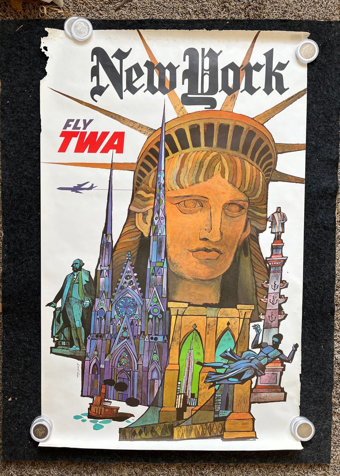 1960 Fly TWA New York City Vintage Travel Poster, Original Travel Poster, Vinta