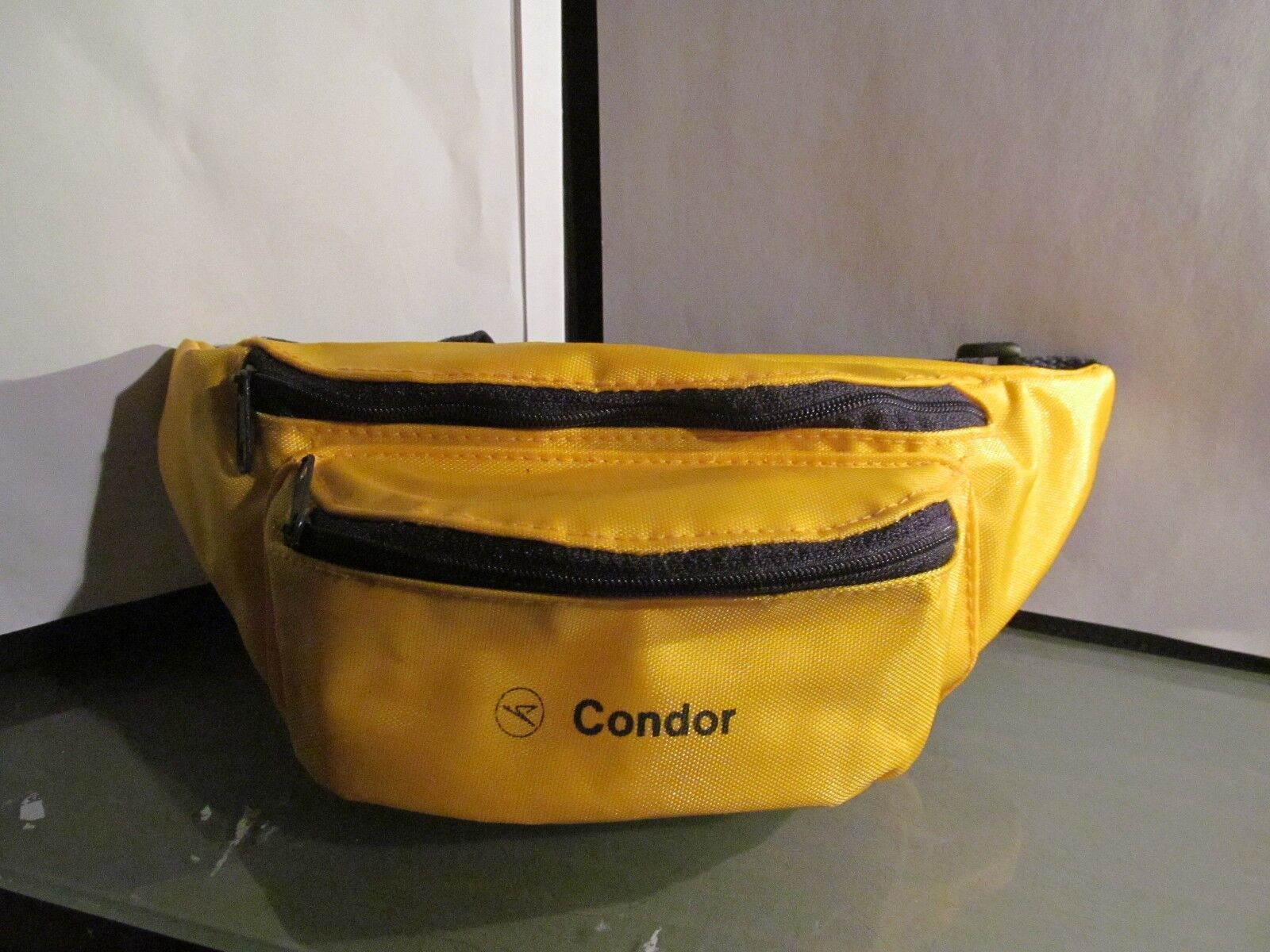 vintage CONDOR AIRLINES amenity kit fanny pack bag yellow travel belt holder