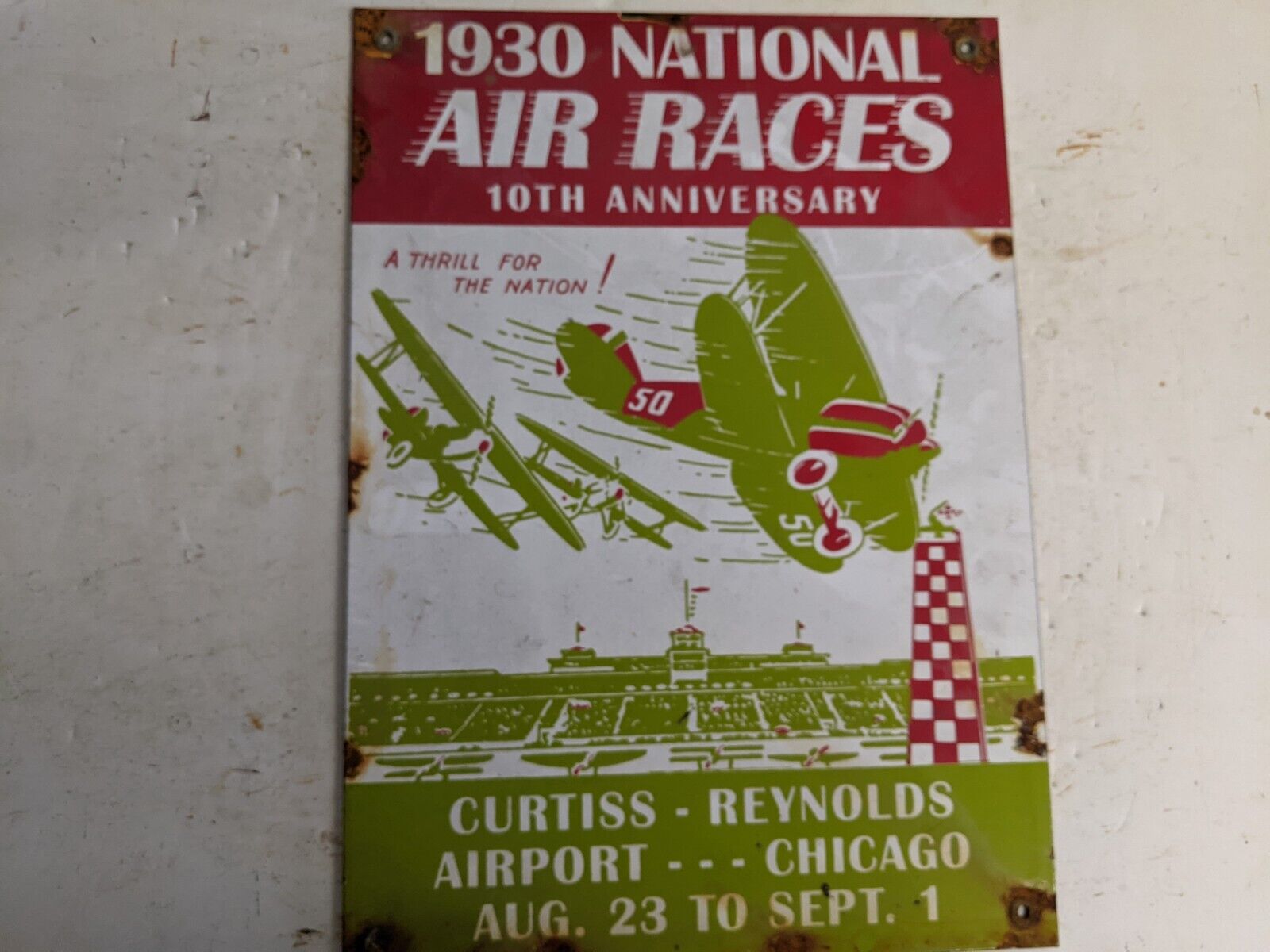 OLD VINTAGE 1930 NATIONAL AIR RACES PORCELAIN AIRPORT AIRPLANE SIGN CHICAGO