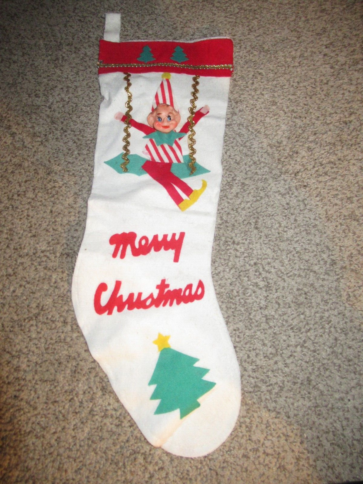 Vintage Felt Christmas Stocking 3D Elf On Swing Japan 18\