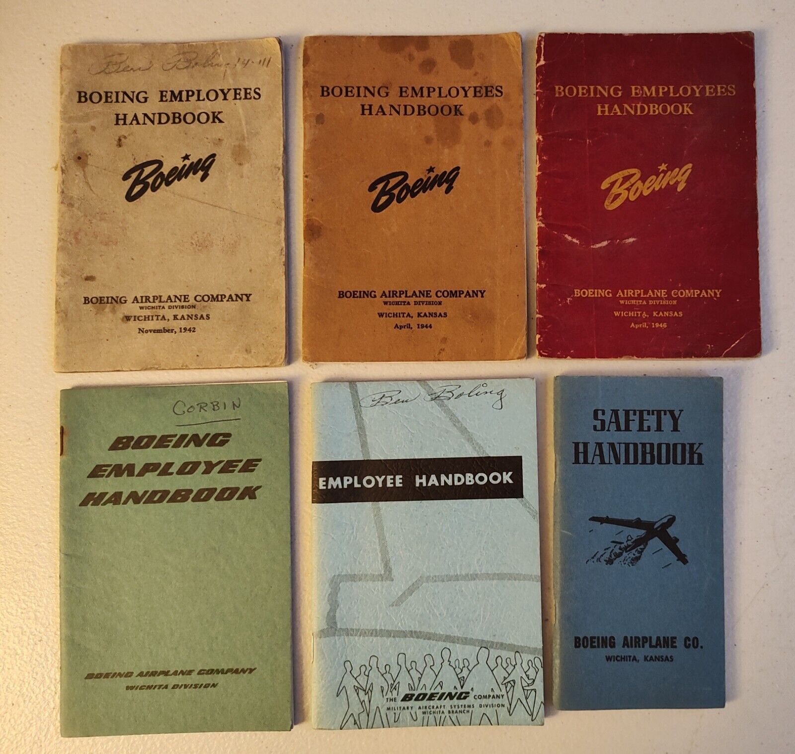 6 vintage Boeing Wichita employee handbooks. 1942-1961