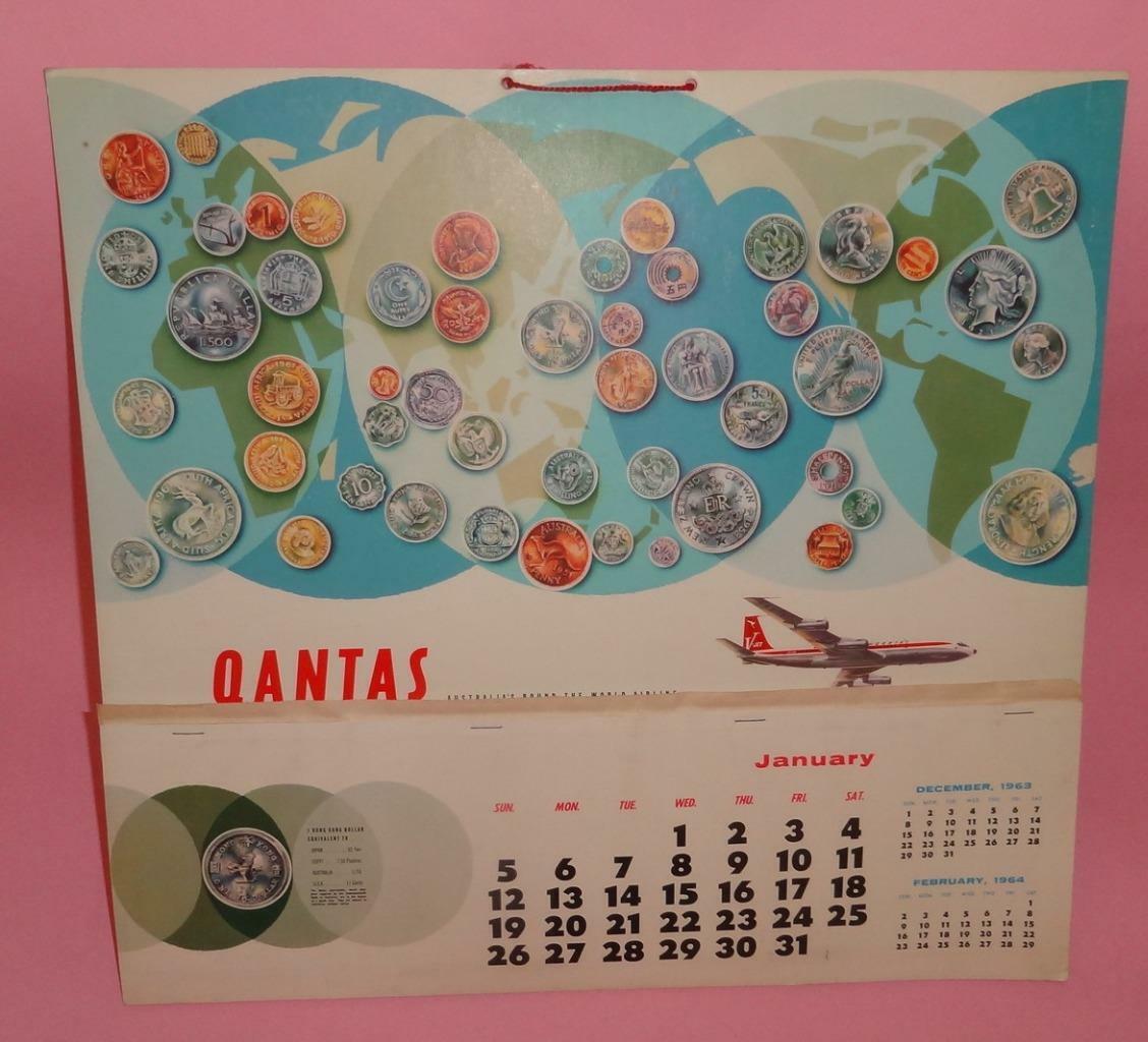 VTG QANTAS AIRWAYS AUSTRALIA BIG AIRLINE ADVERTISING CALENDAR 1964