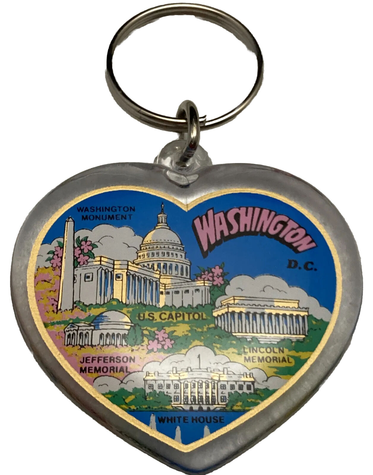 Vintage Washington D.C. Plastic Heart Shaped Keychain Travel Tourism US Capitol