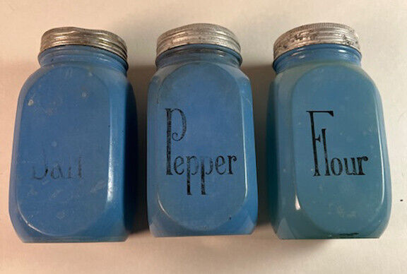 3 - 1930s Fired On Blue Hocking 5” Salt-Pepper-Flour Range Shakers-Rough-Worn Ai