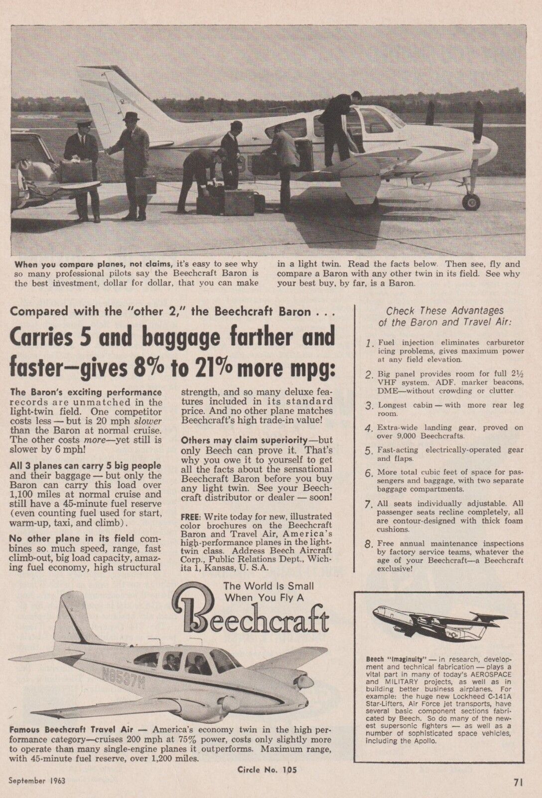 Aviation Magazine Add - Beech Baron & Travel Air Business Aircraft Add (1963)