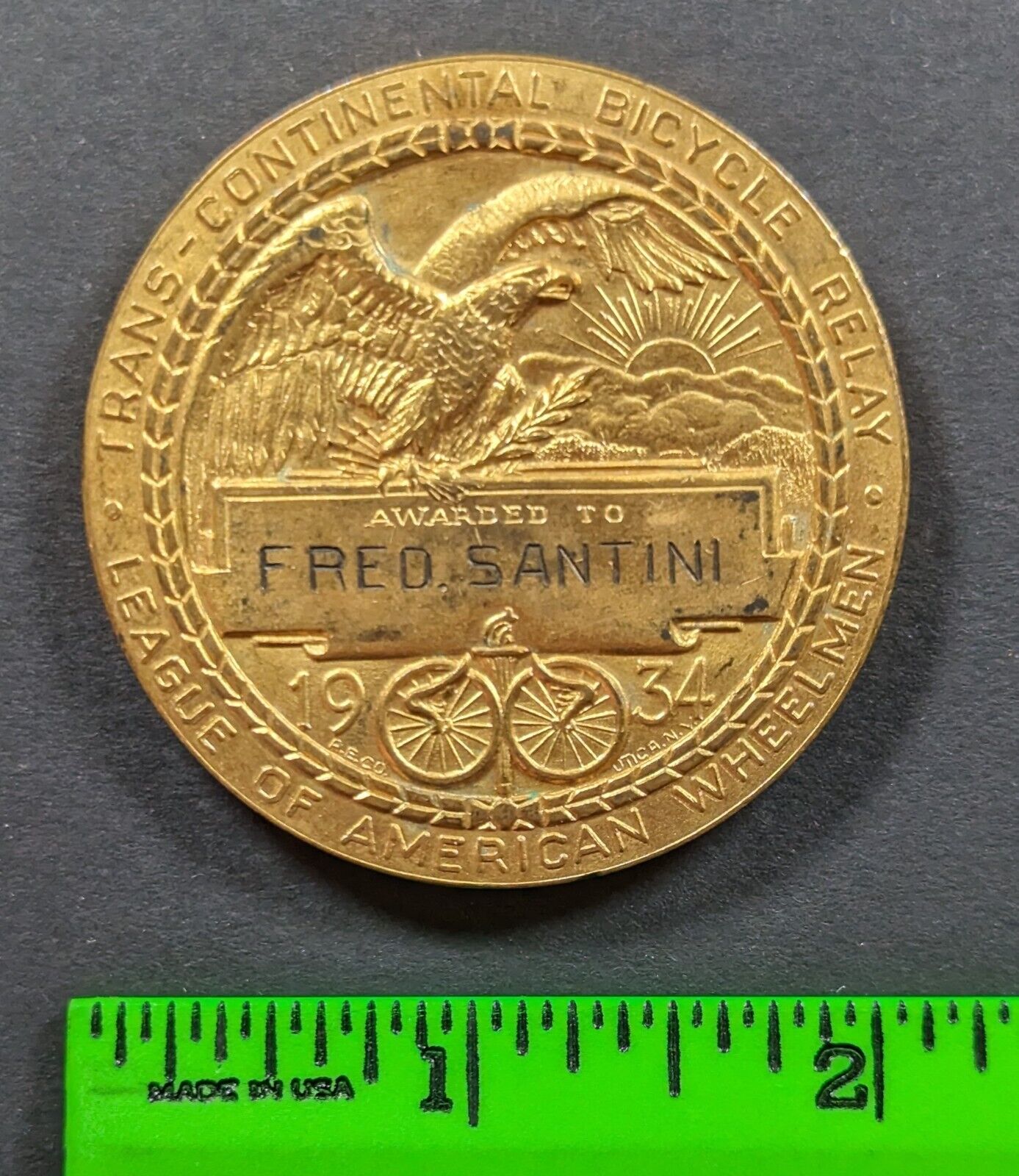 Vintage 1934 Transcontinental Bicycle Relay Atlantic to Pacific Metal Token