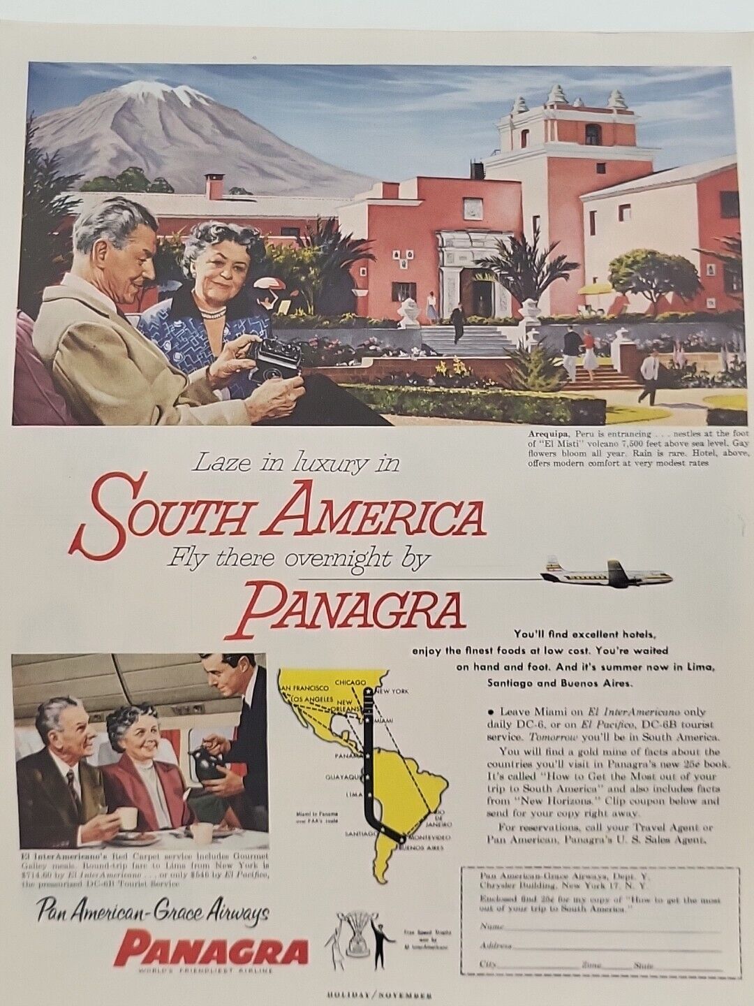 1953 Pan American - Grace Airways Panagra Holiday Print Ad South America Plane
