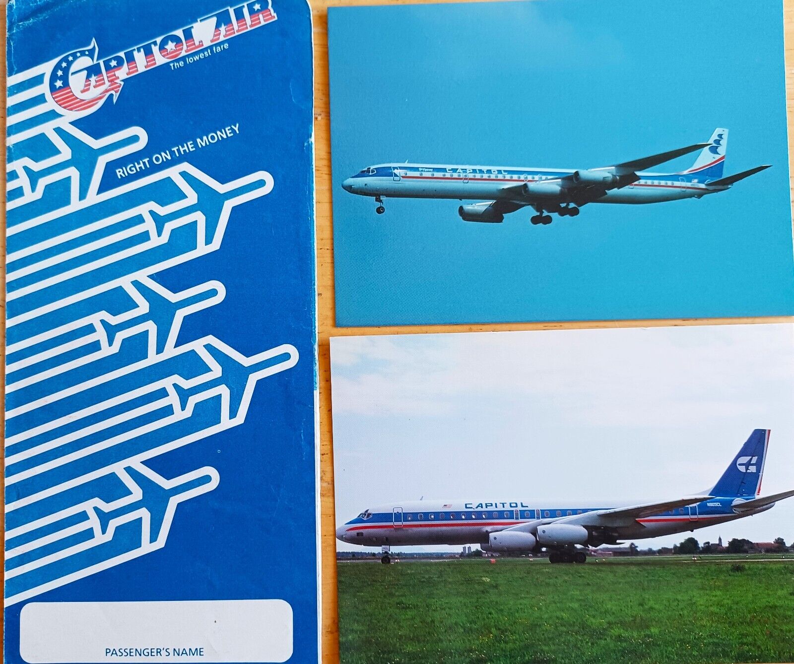 Capitol Airlines. Ticket Jacket & 2 Capitol Air DC-8 Postcards Travel,