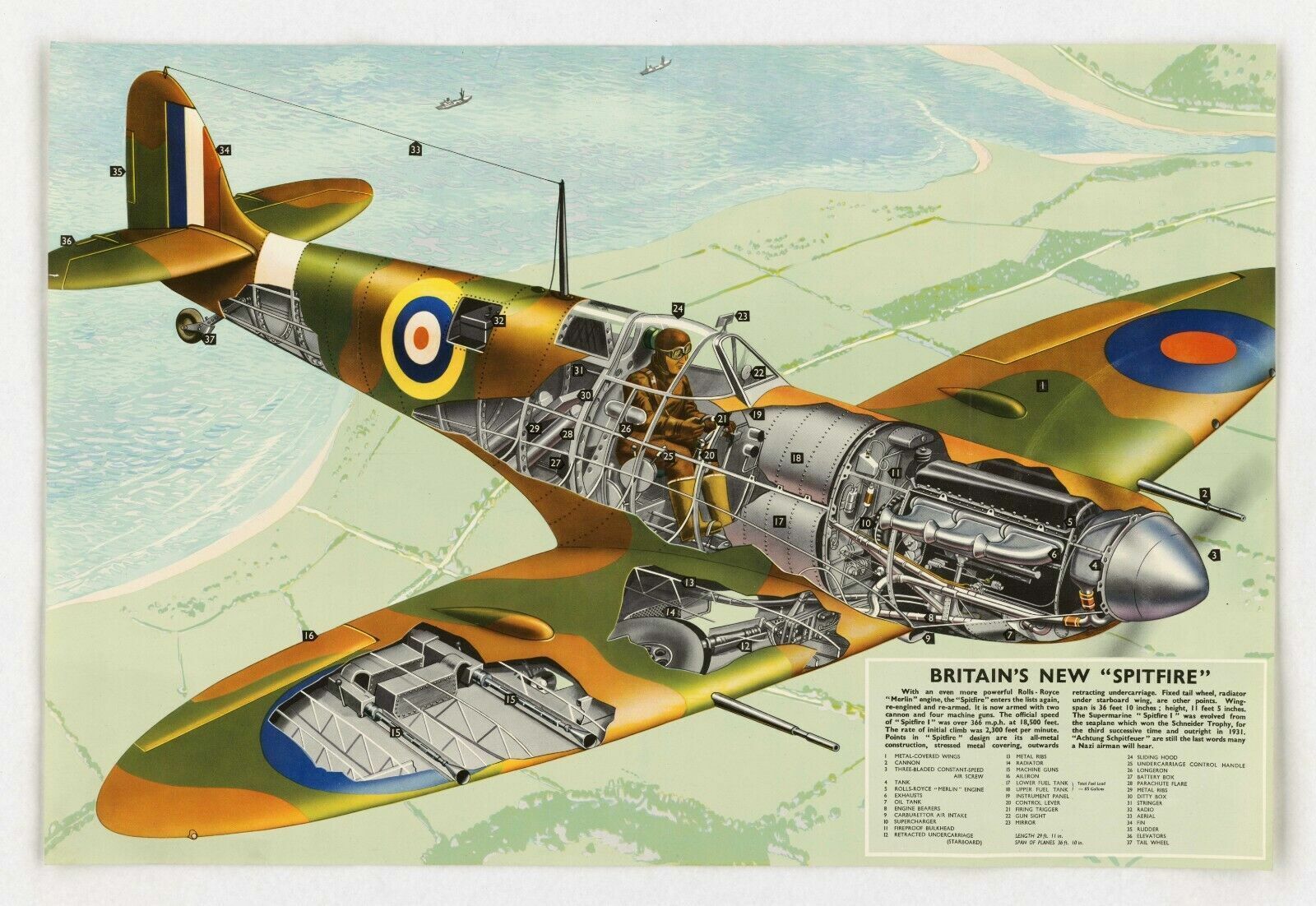 Glossy A3 Poster Print, WW2 Britain\'s New Spitfire, Cutaway diagram with Key