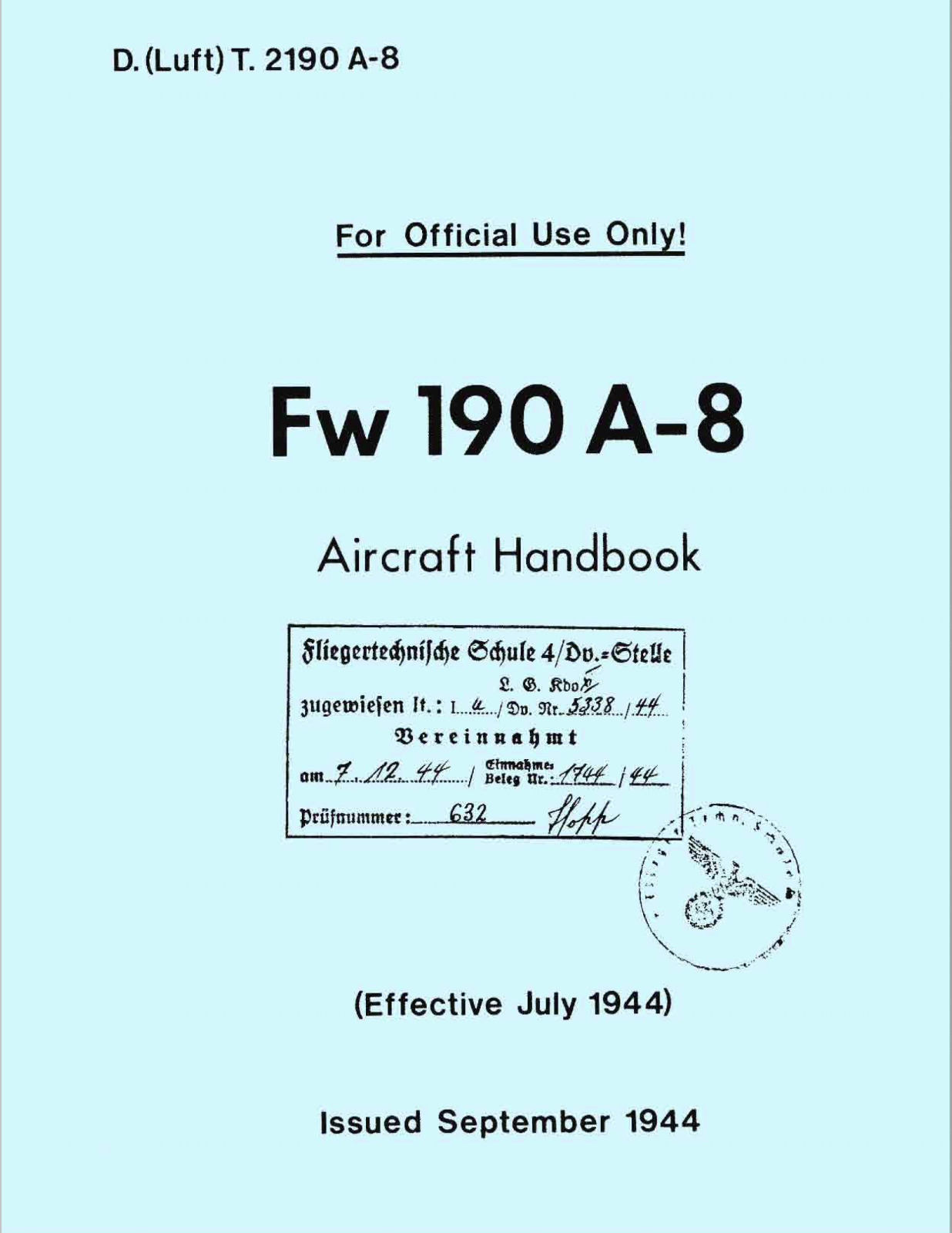 131 Page 1944 Focke-Wulf Fw 190 A8 Flugzeug (In English) Flight Manual on CD