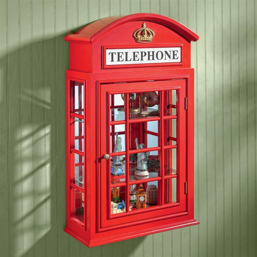 British Classic Gold Crown Red Phone Booth Curio Wall Cabinet Removable Shelves