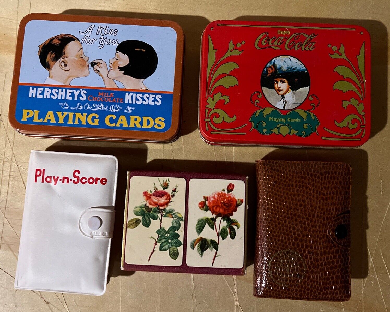 Vintage Playing Card Lot (7 Decks) ~Hershey’s~Coca Cola Tins, Pencil, Score Pads