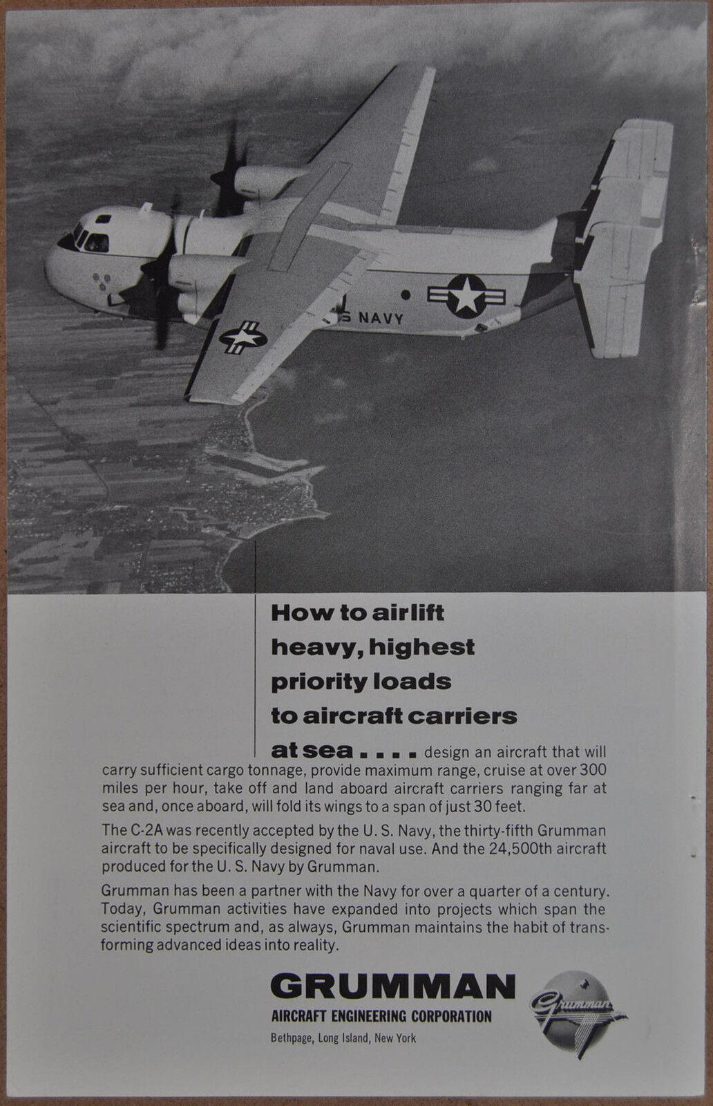 1965 GRUMMAN C-2A advertisement, US NAVY C-2A Greyhound cargo plane