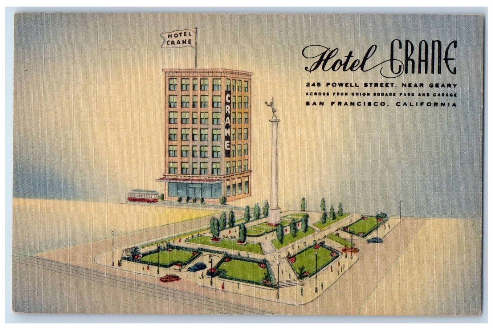 c1940's Hotel Crane Classic Cars Bus Restaurant Powell San Francisco CA Postcard