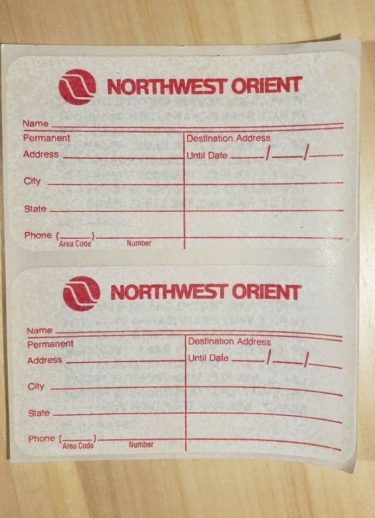 Vintage NORTHWEST ORIENT Airlines Luggage Tags STICKER ~ Air Travel Flight Decal