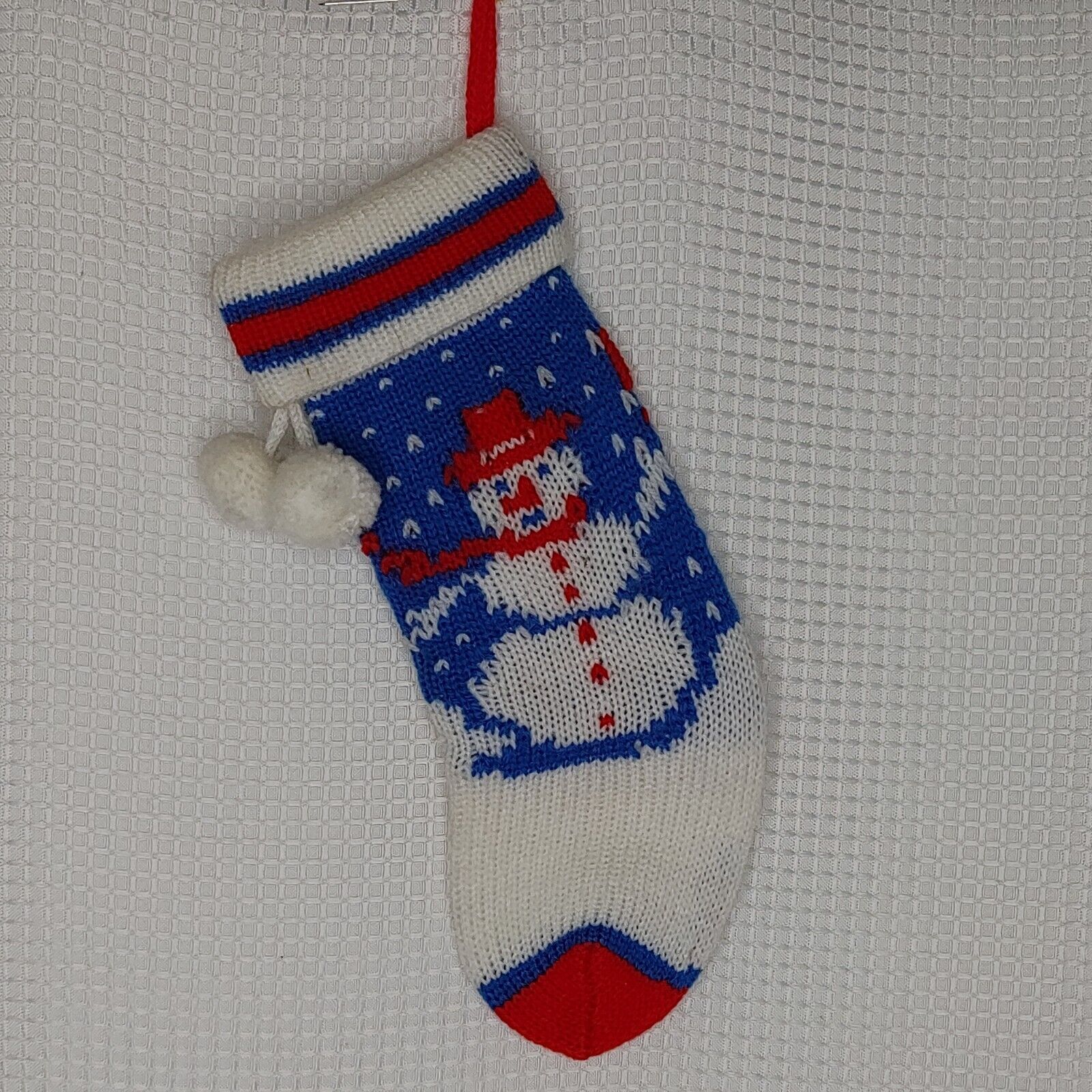Vintage Snowman Christmas Stocking Knit Poms Small 9\