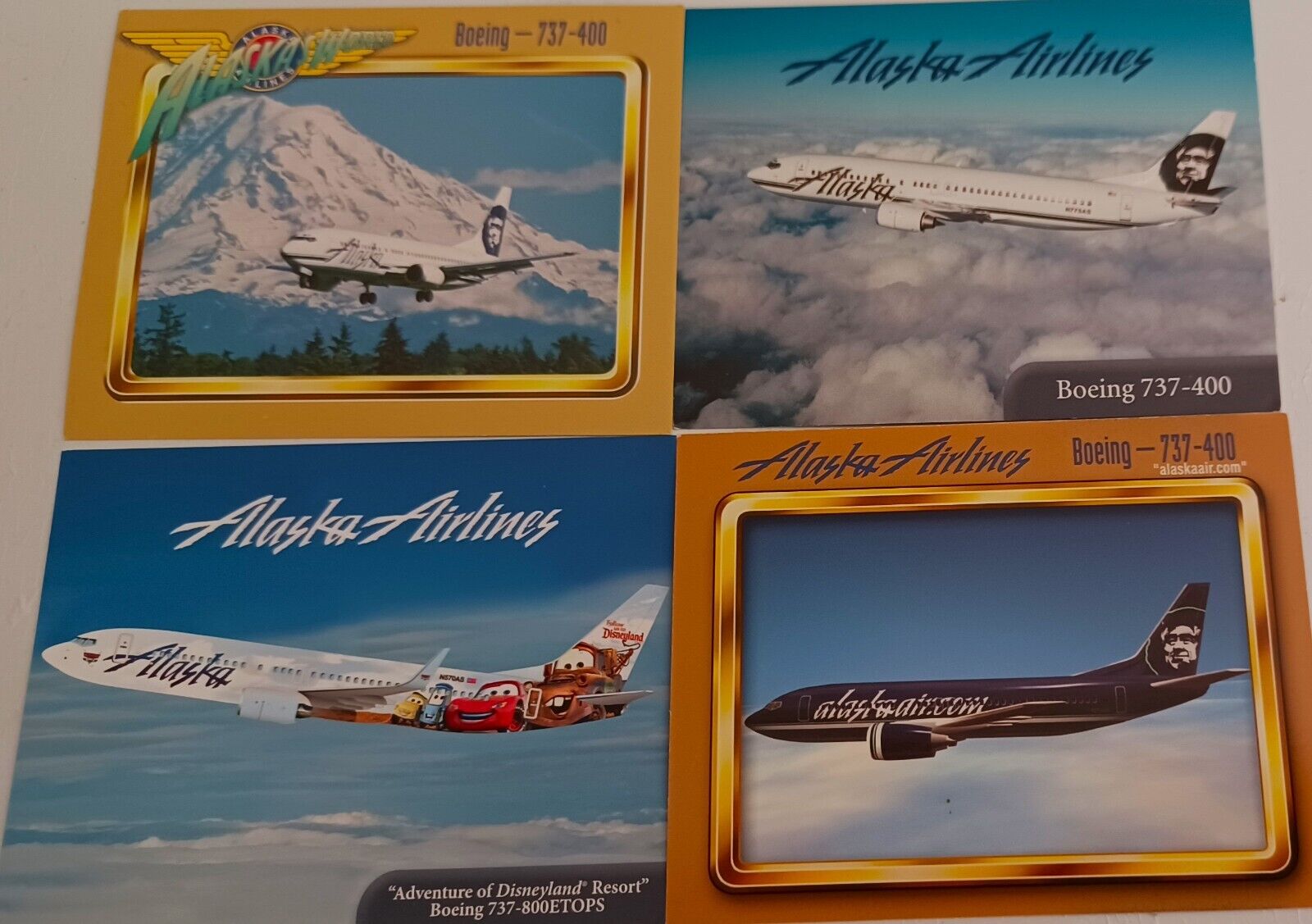 ALASKA AIRLINES 4 Collector Trade Cards, Disney Adventure, Boeing 737-400