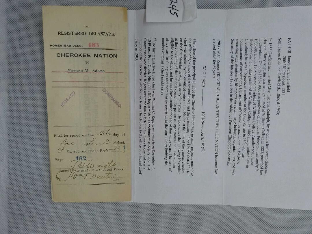1908 CHEROKEE NATION HOMESTEAD DEED AUTOGRAPH BY J G WRIGHT COMMISSIONER TO TRIB