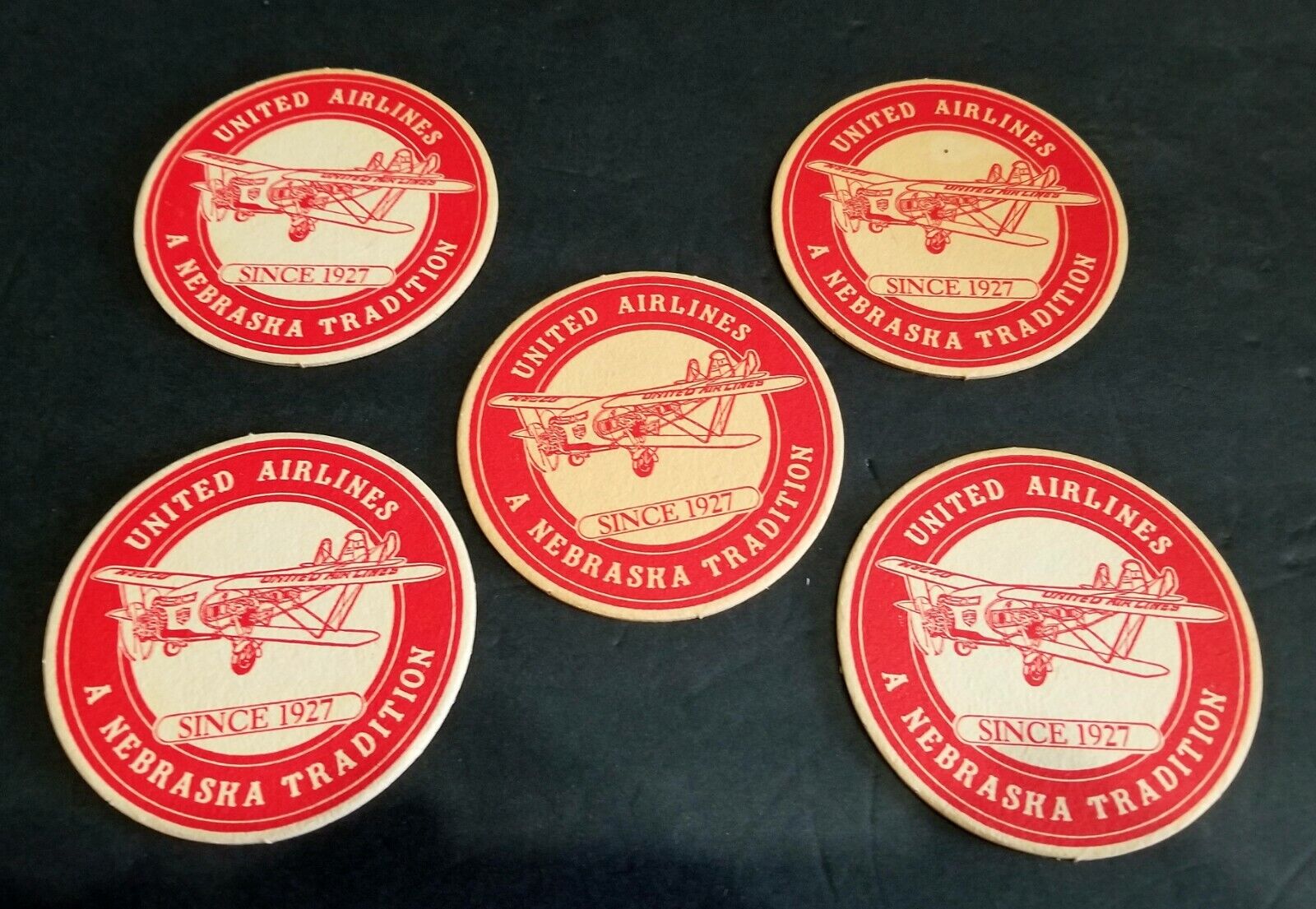5- VINTAGE UNITED AIRLINES COASTERS A NEBRASKA TRADITION SINCE 1927 EXCELLENT 