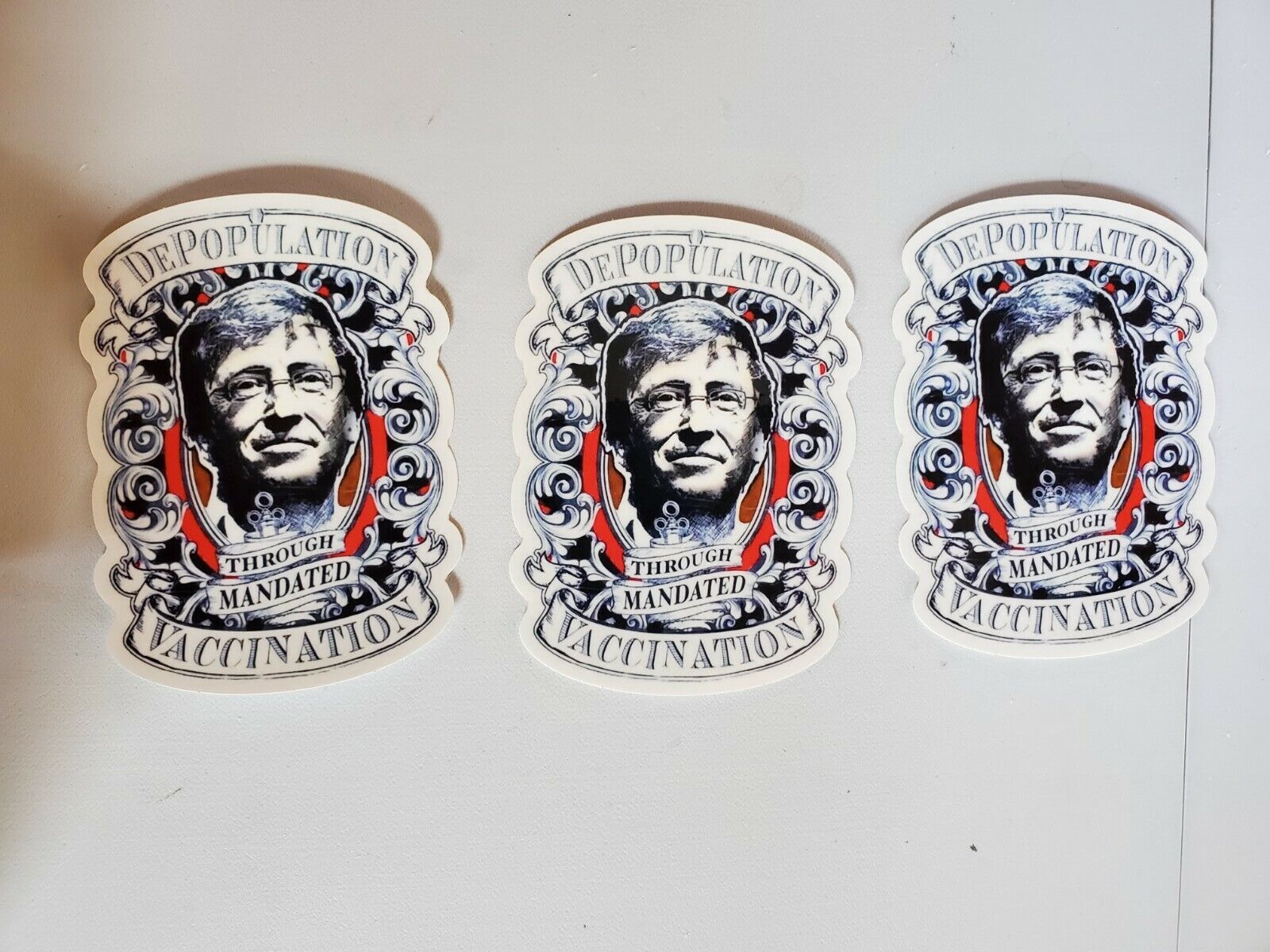 Bill Gates Stickers 3 PACK LOT DEPOPULATION THROUGH VACCINATION NEW WORLD ORDER 