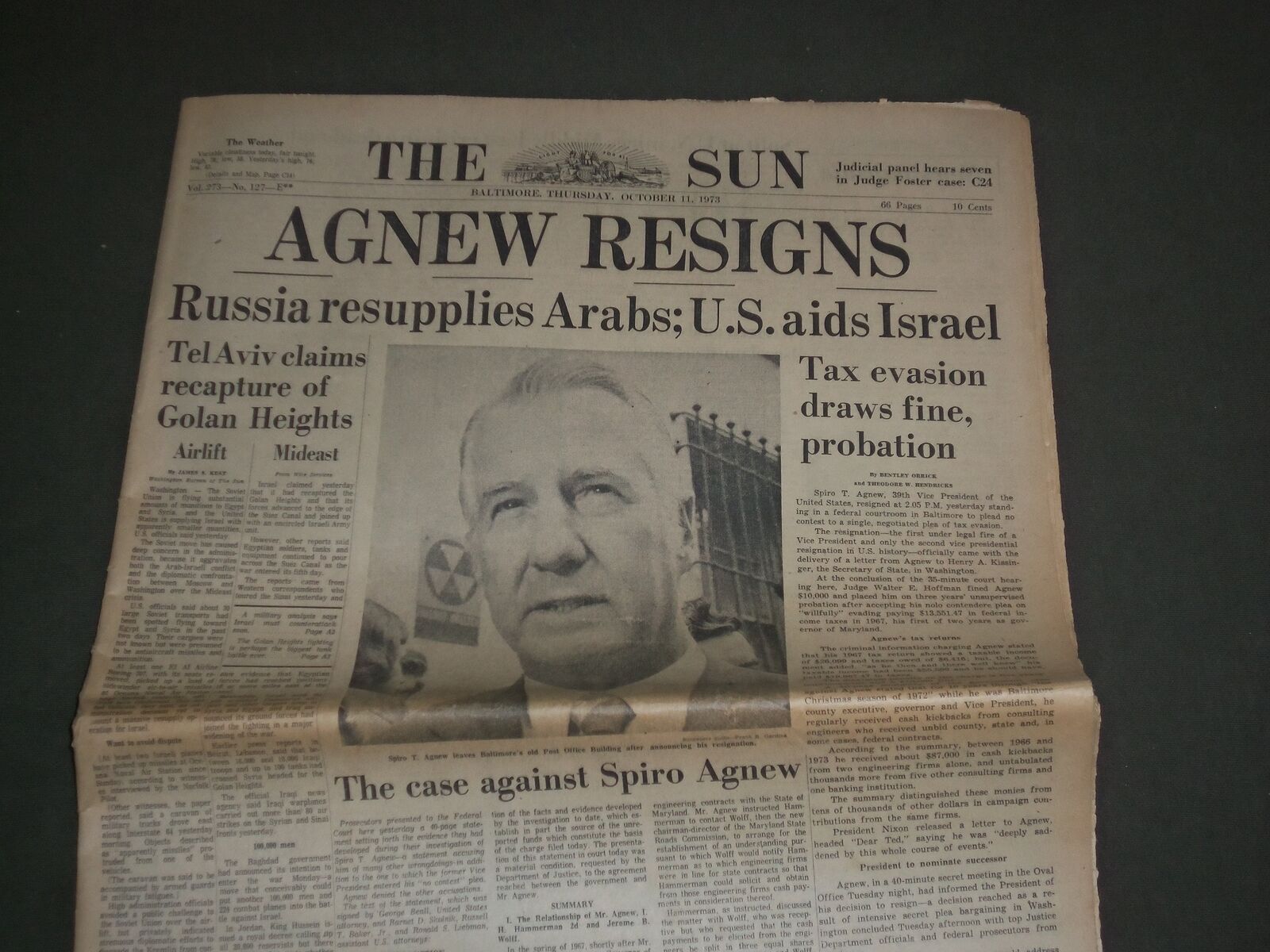 1973 OCTOBER 11 THE BALTIMORE SUN - SPIRO AGNEW RESIGNS - COMPLETE - NP 2952