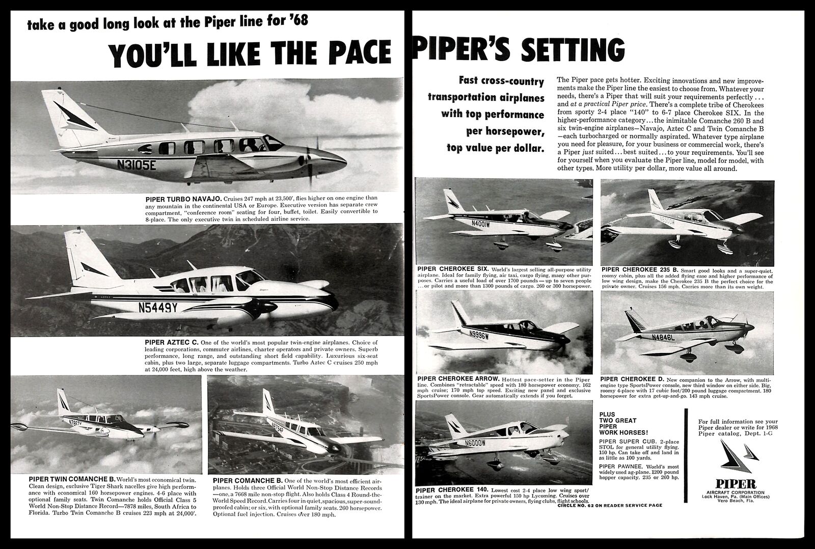 1968 Piper Aircraft Corporation Vintage PRINT AD Aviation Airplanes Flying B&W