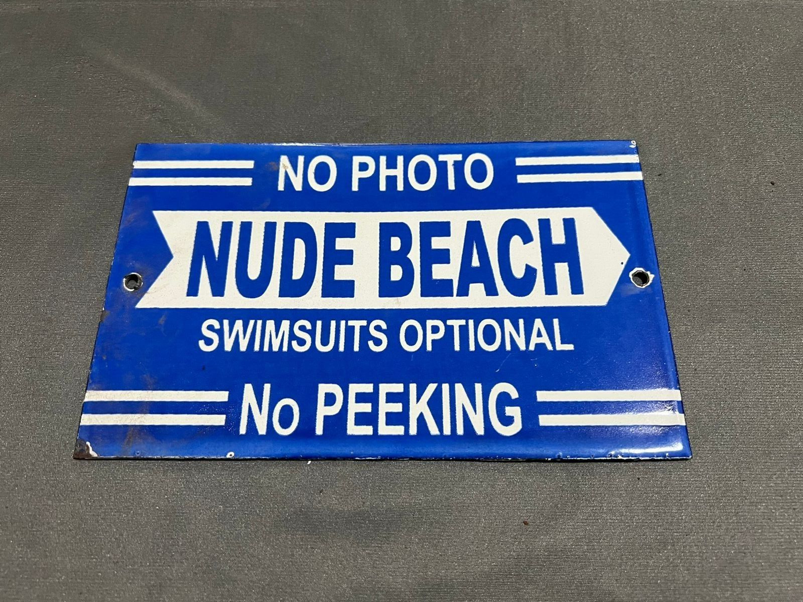 PORCELIAN NUDE BEACH ENAMEL SIGN SIZE 8X5 INCHES