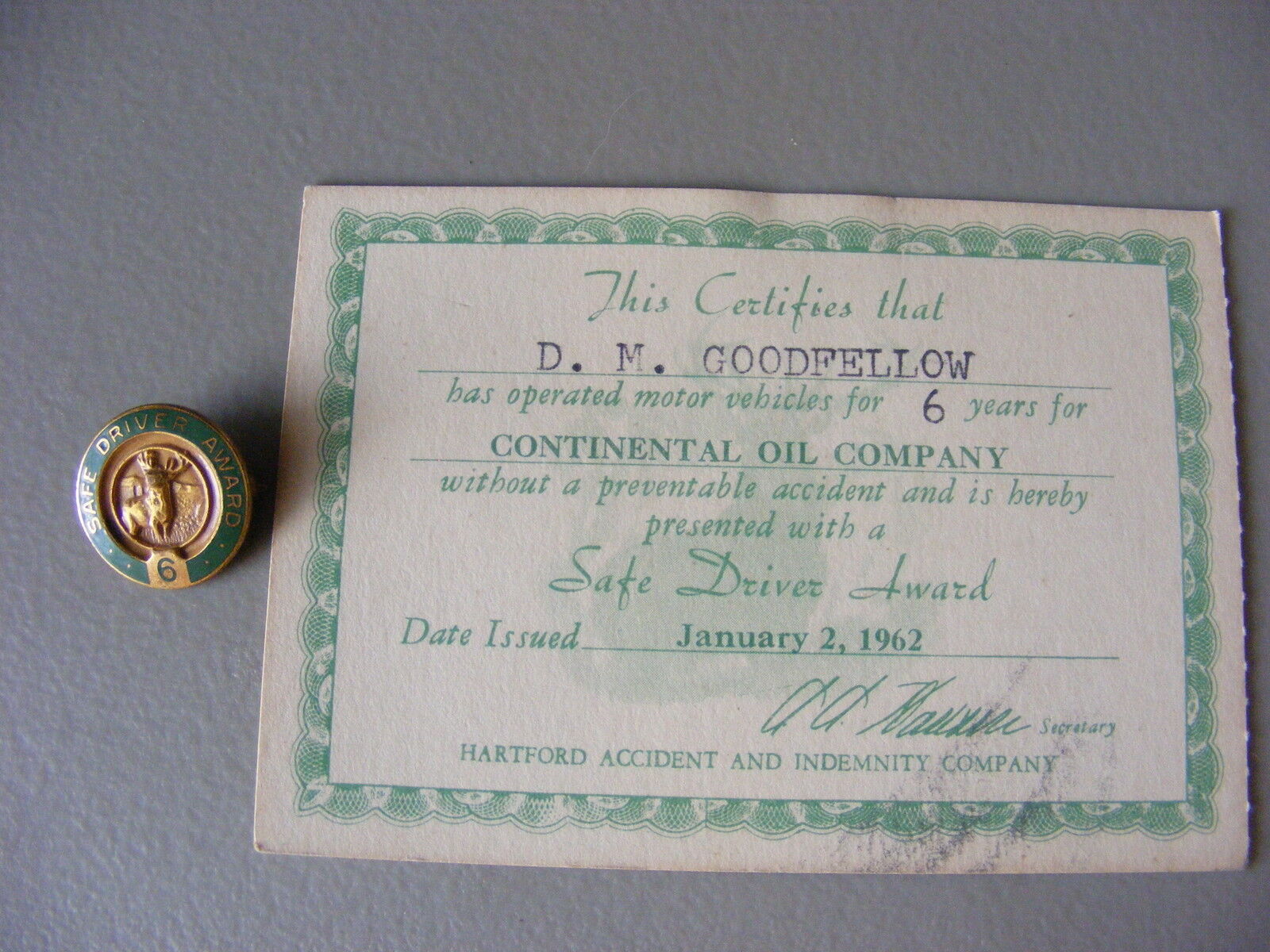 Vintage  1962 Continental Oil Company Conoco Safe Driver Certificate With Pin