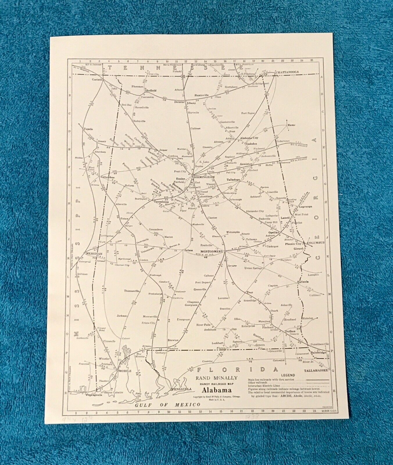 1933 ALABAMA Rand McNally Handy Railroad Map, Good Reference, Detailed