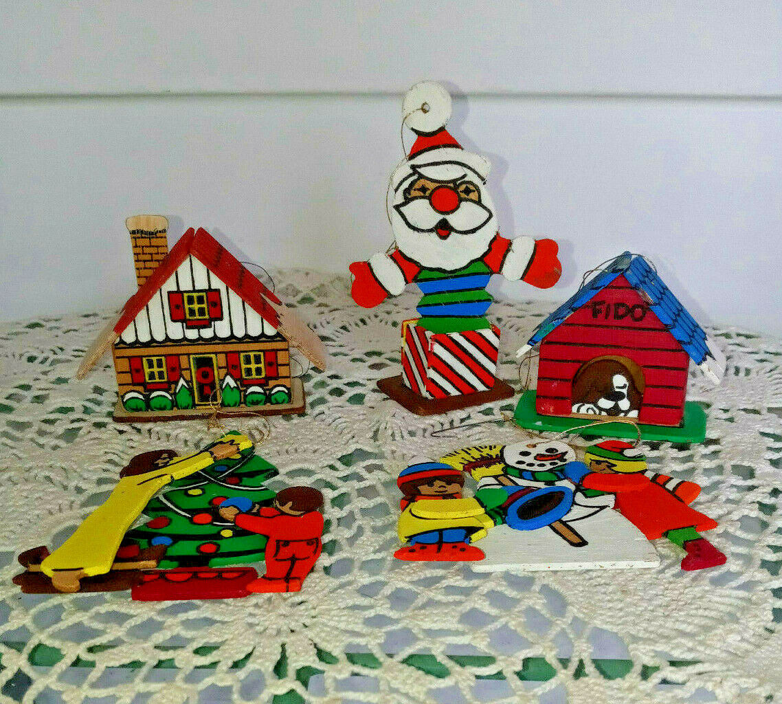 Vintage Wooden 3 D Christmas Ornaments Lot of 5