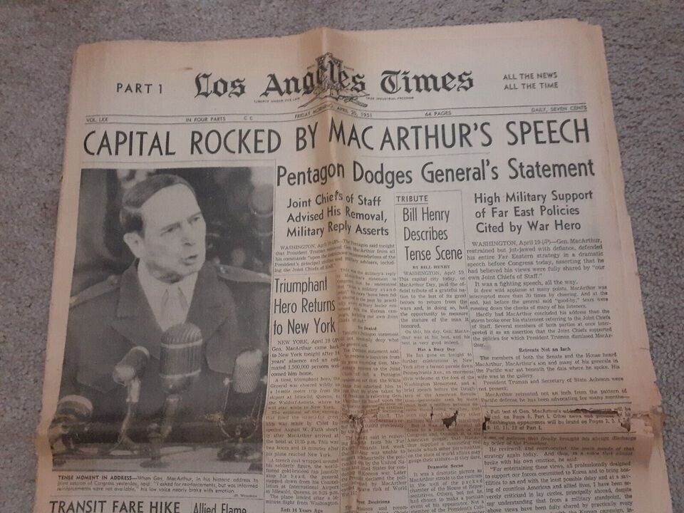 LA TIMES NEWSPAPER VINTAGE 1951 GENERAL DOUGLAS MAC ARTHUR RETURNS TO WASHINGTON