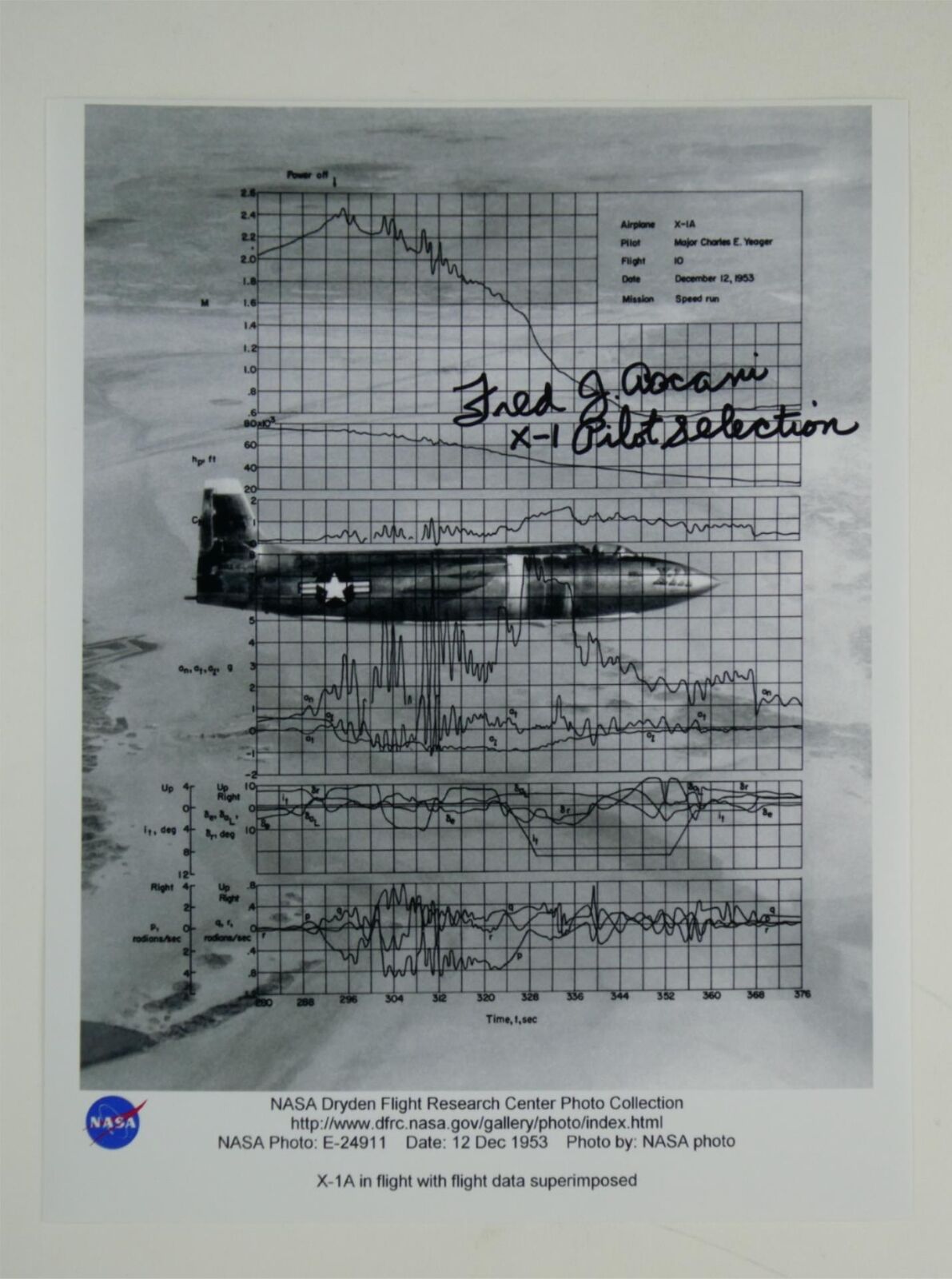 Fred J Ascani Signed 8.5x11 NASA Photo Autographed X-1 Test Pilot