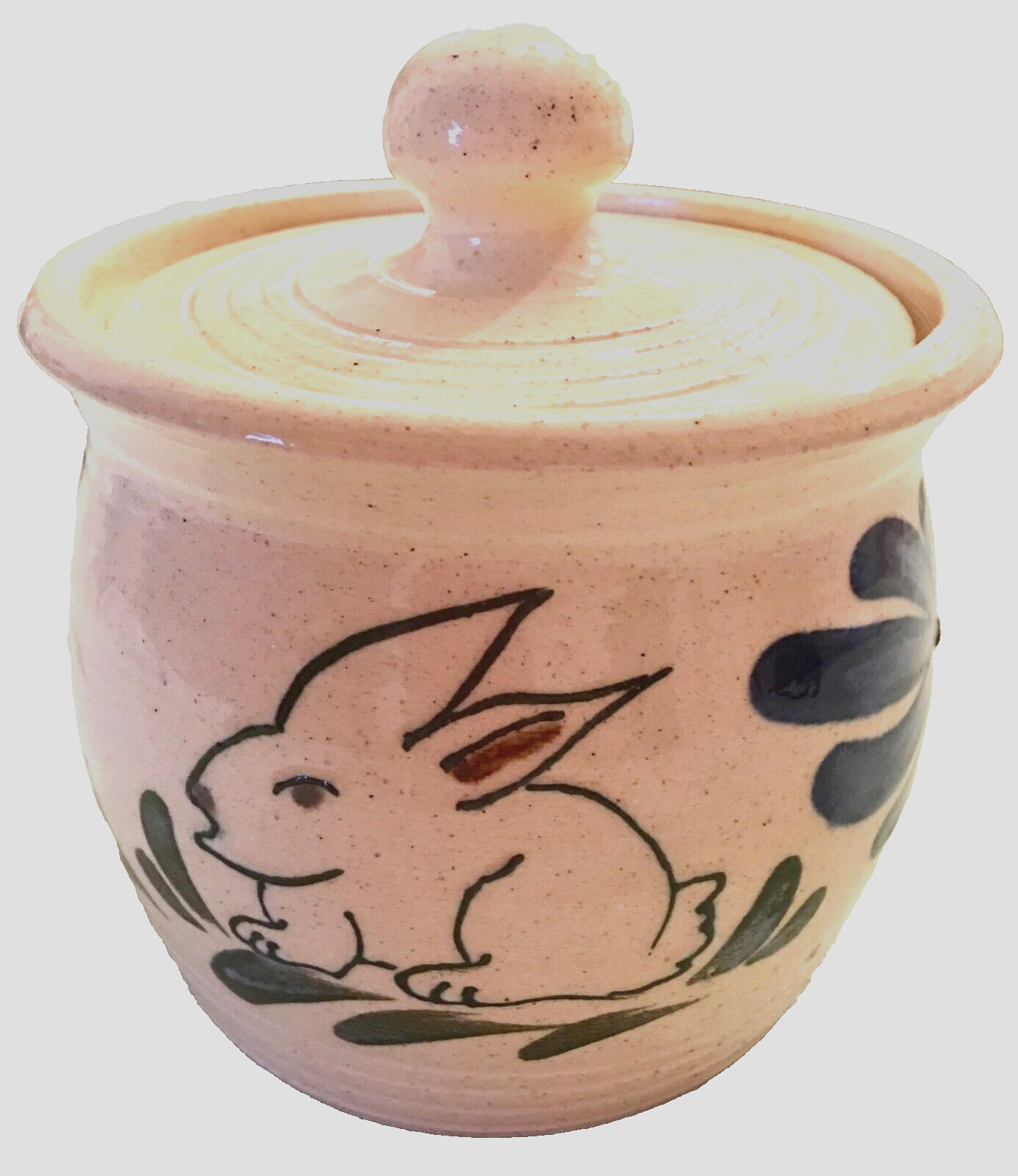 VTG Art Stoneware Pottery Jar w Lid w Bunny USA Handcrafted Signed 2002