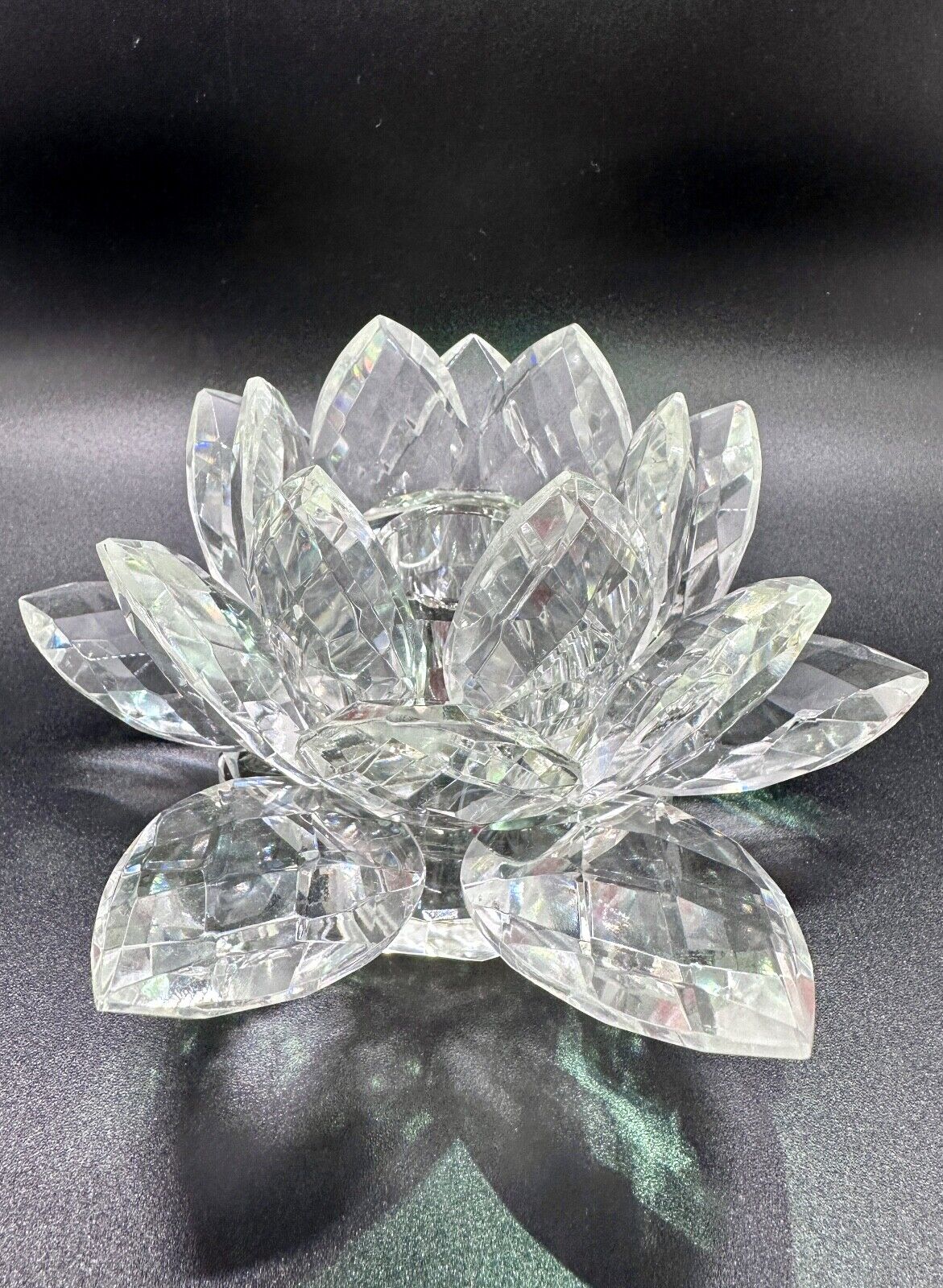 Sparkling Cut Crystal Glass Lotus Flower Candle Holder Taper Tea Light Sturdy