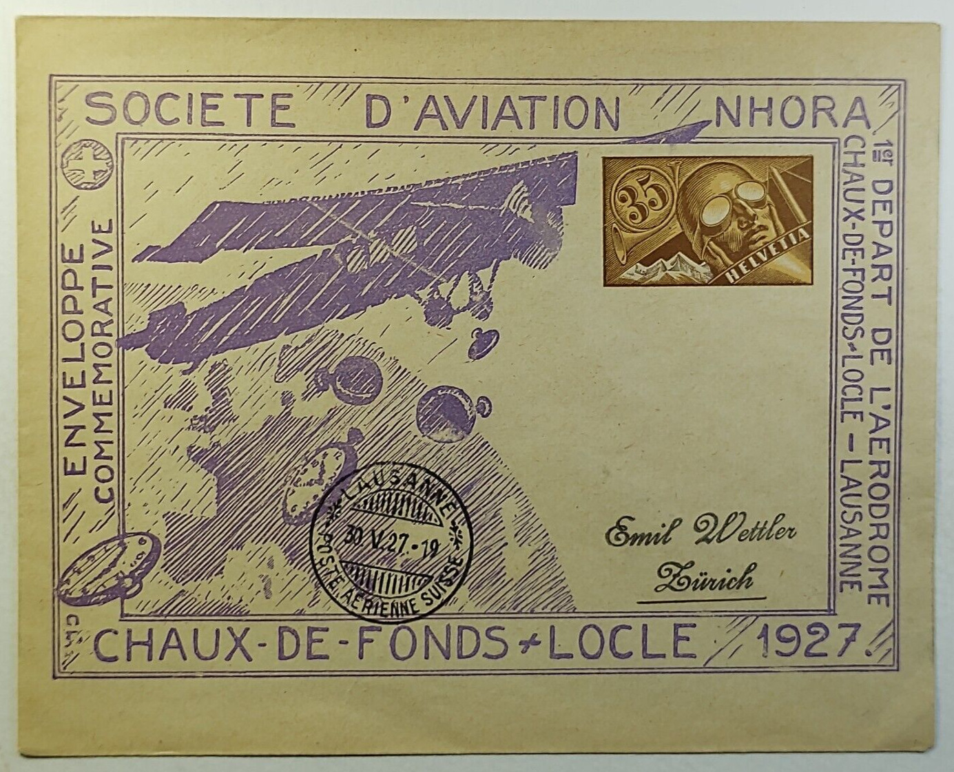 1927 Switzerland First Flight Aviation Society Airmail Cover Lucerne Aerodrome