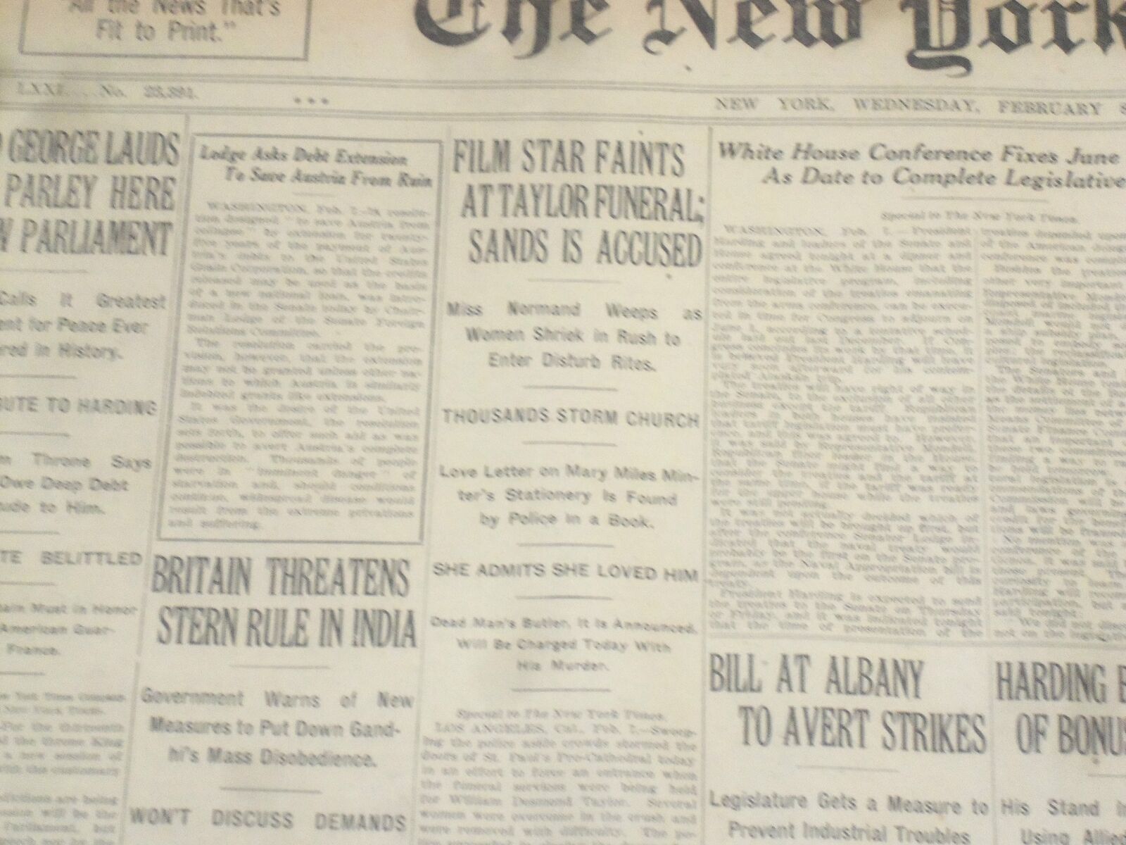 1922 FEBRUARY 8 NEW YORK TIMES - FILM STAR FAINTS AT TAYLOR FUNERAL - NT 9006