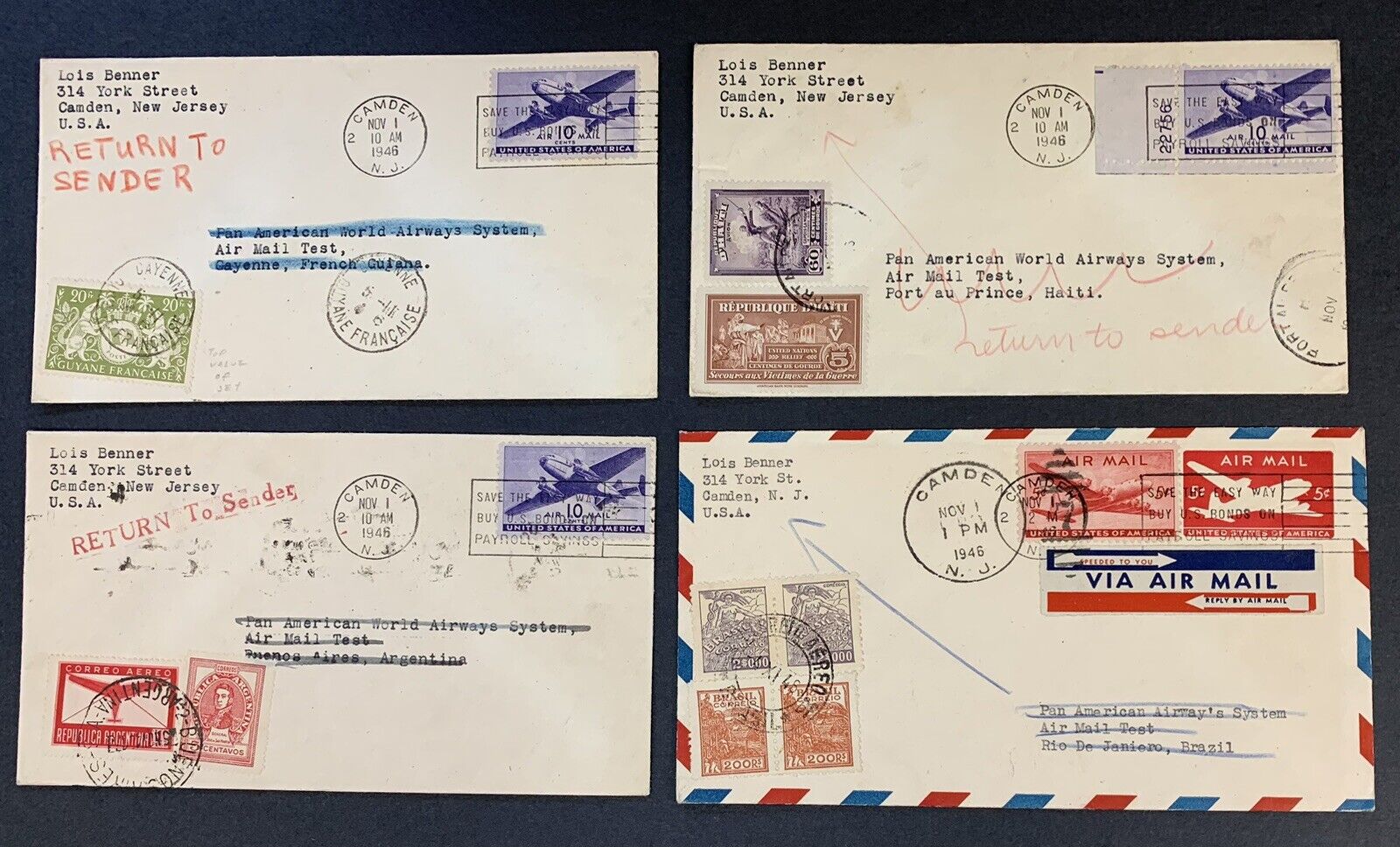 4 Pan Am Airmail Test Covers, 1946, U.S. to Argentina, Brazil, Fr. Guiana, Haiti