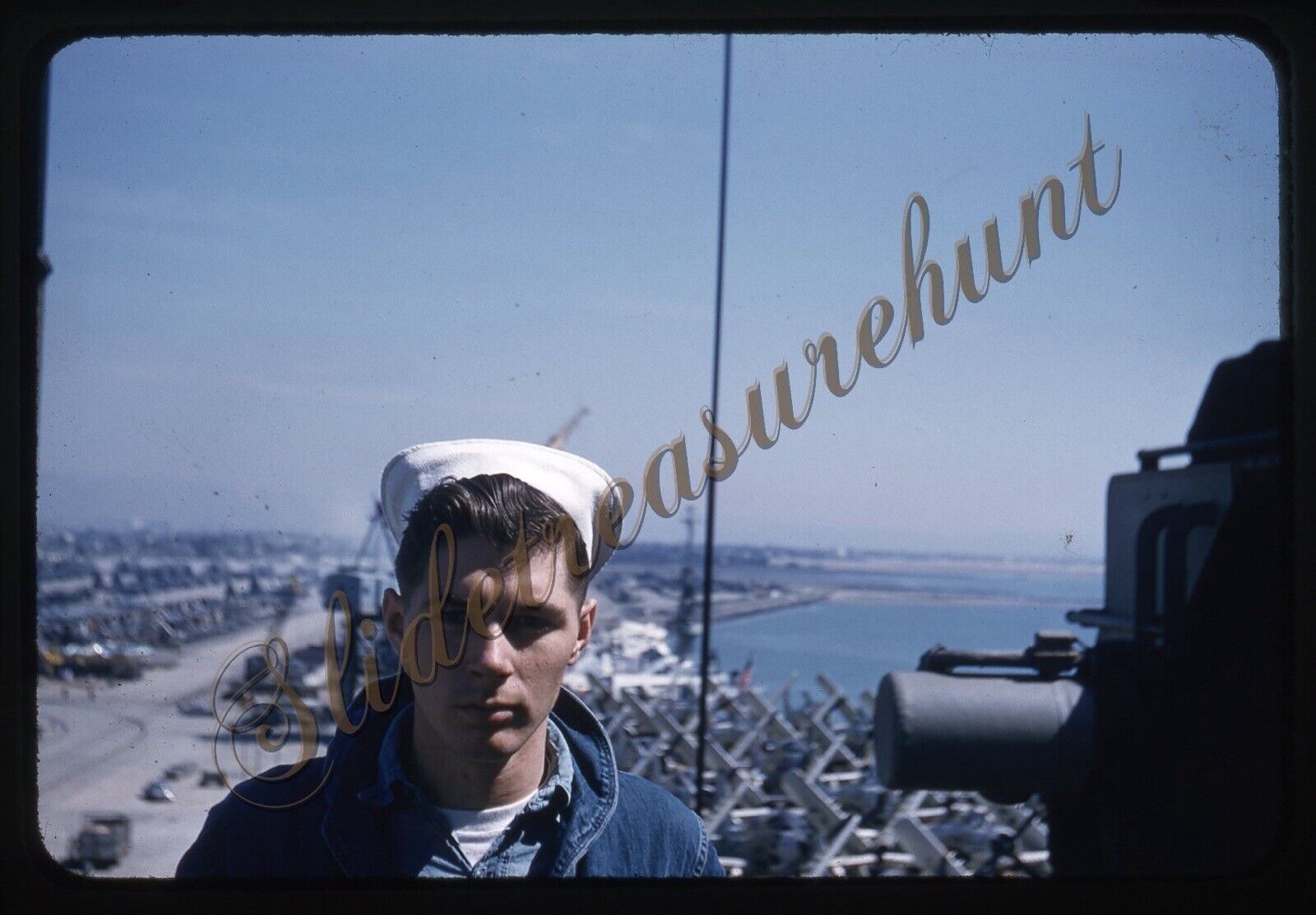 Handsome Man Military Aircraft Carrier 35mm Slide 1950s Red Border Kodachrome