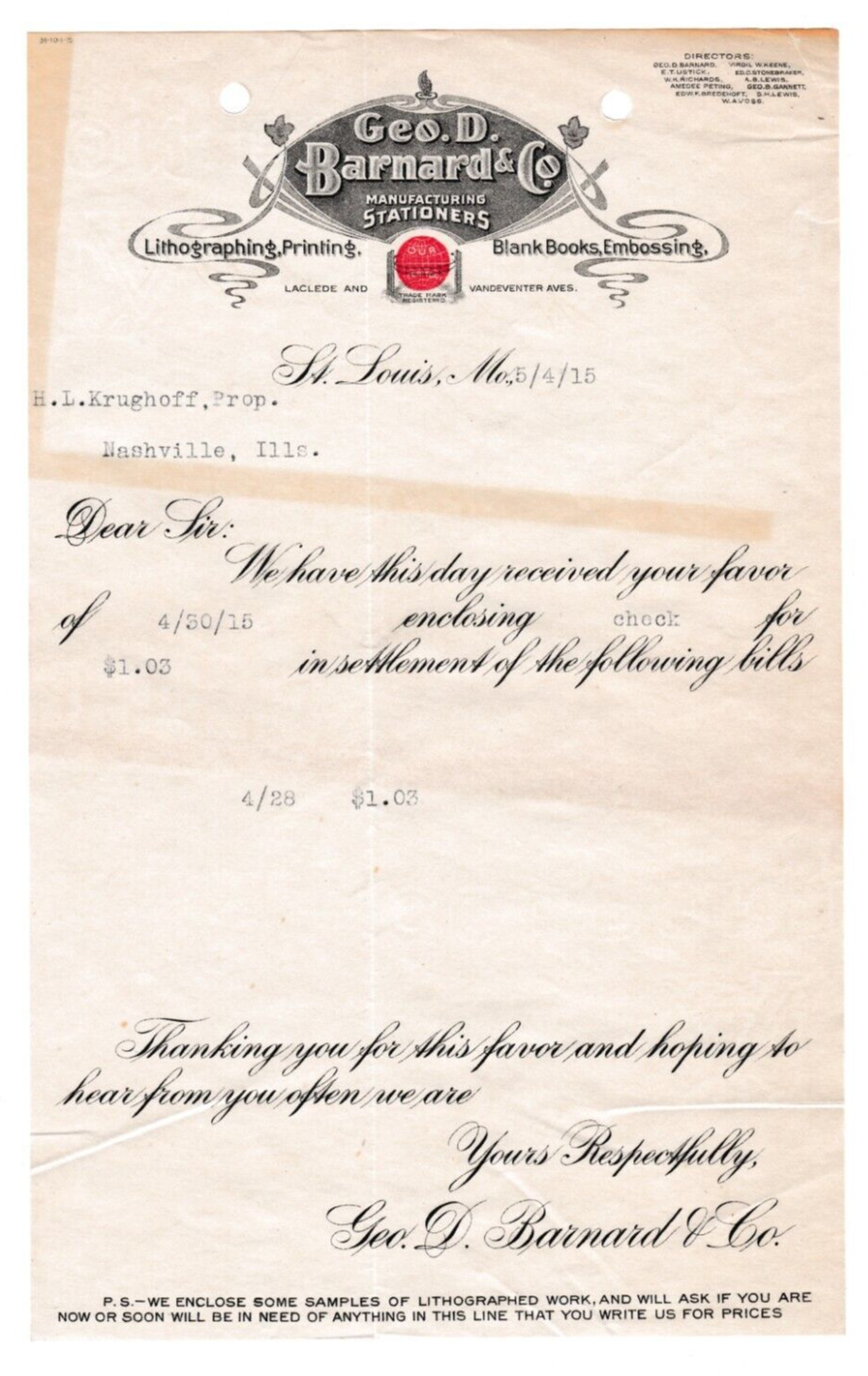 1915 Geo D. Barnard & Co Printers Receipt Letter St. Louis Missouri ~Fd019